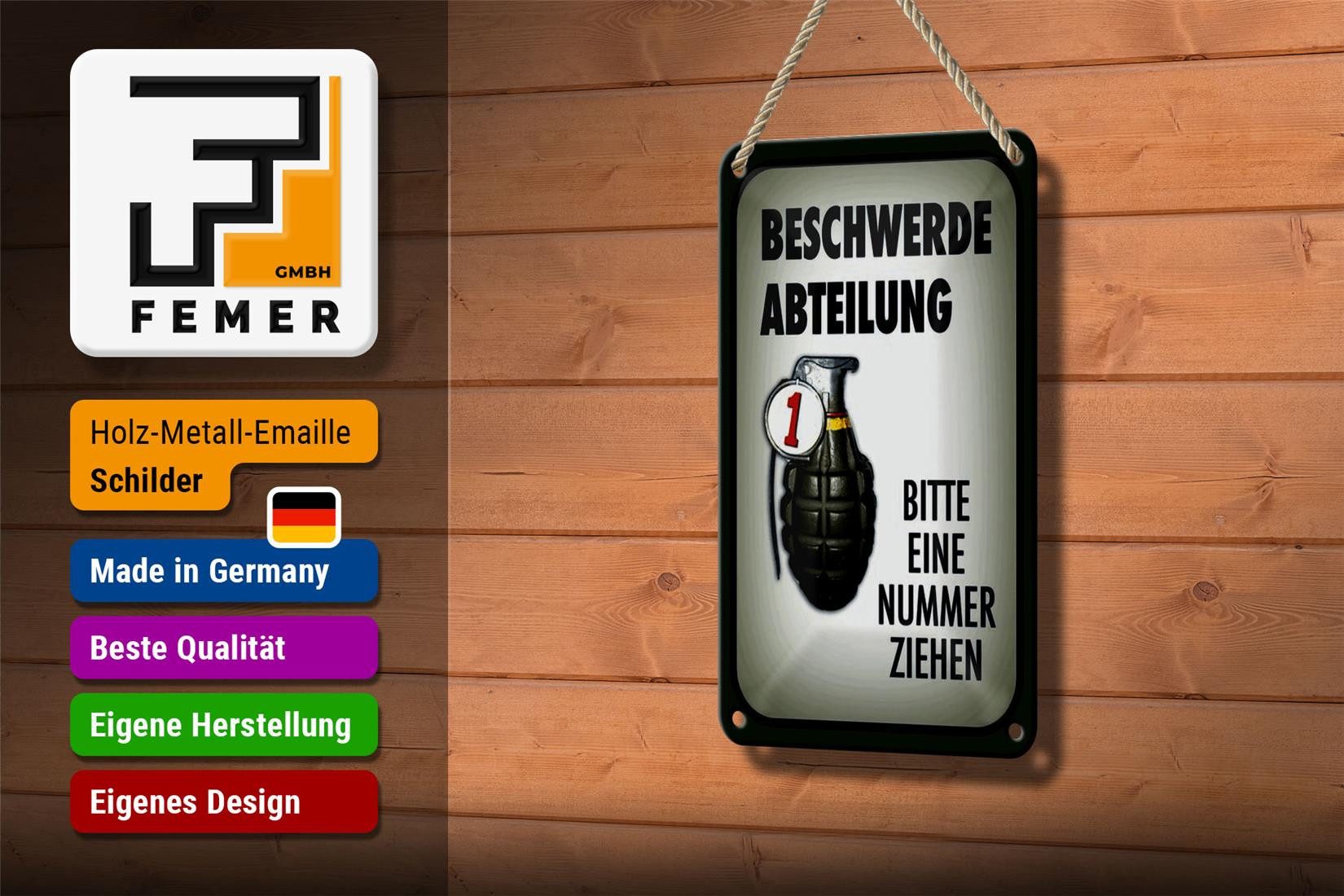 Femer GmbH Metallschild Spruch 12x18cm Beschwerde Abteilung bitte Nr., (1 St), gewölbte Oberfläche, abgerundete Ecken, umgeschlagene Kanten