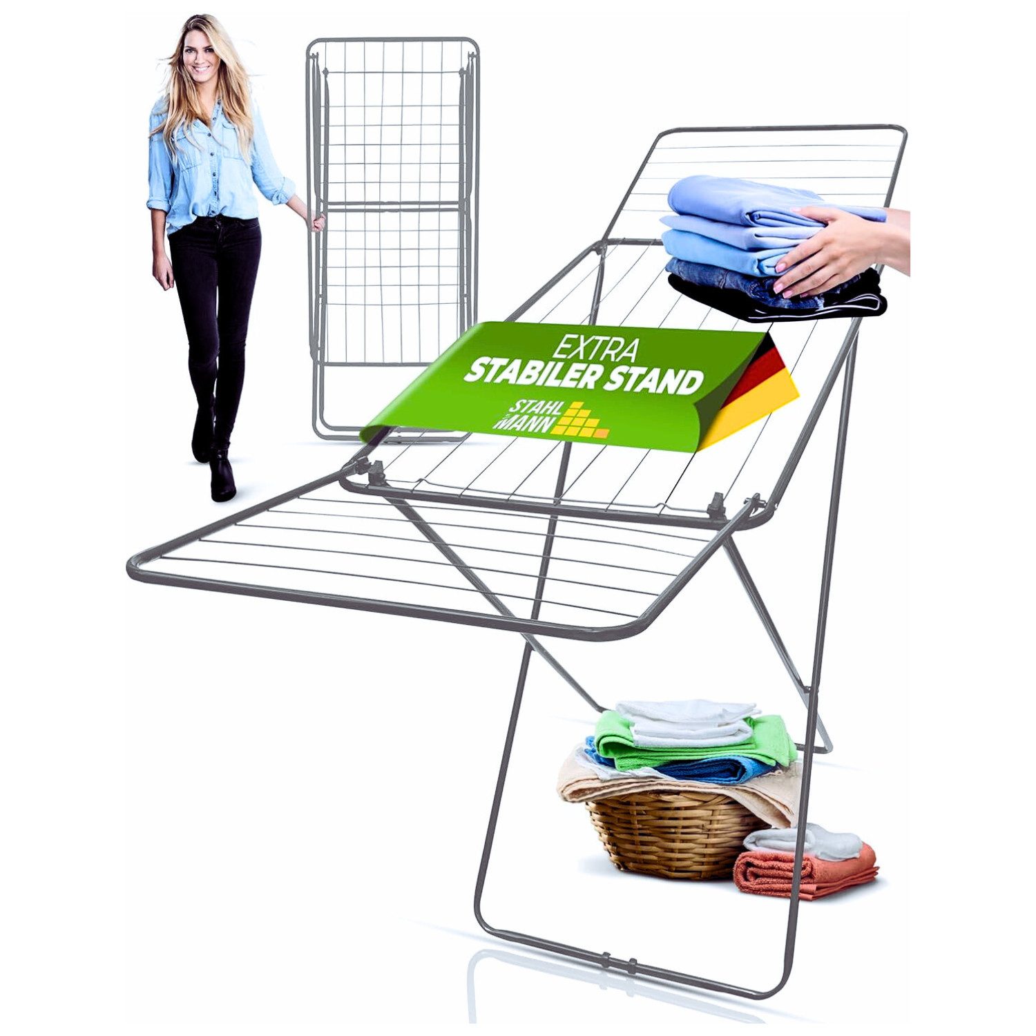 STAHLMANN COMMERCE GmbH Wäscheständer Grau mit 18 m Trockenfläche, Wäscheständer ausziehbar mit rutschfesten Füßen - klappbar