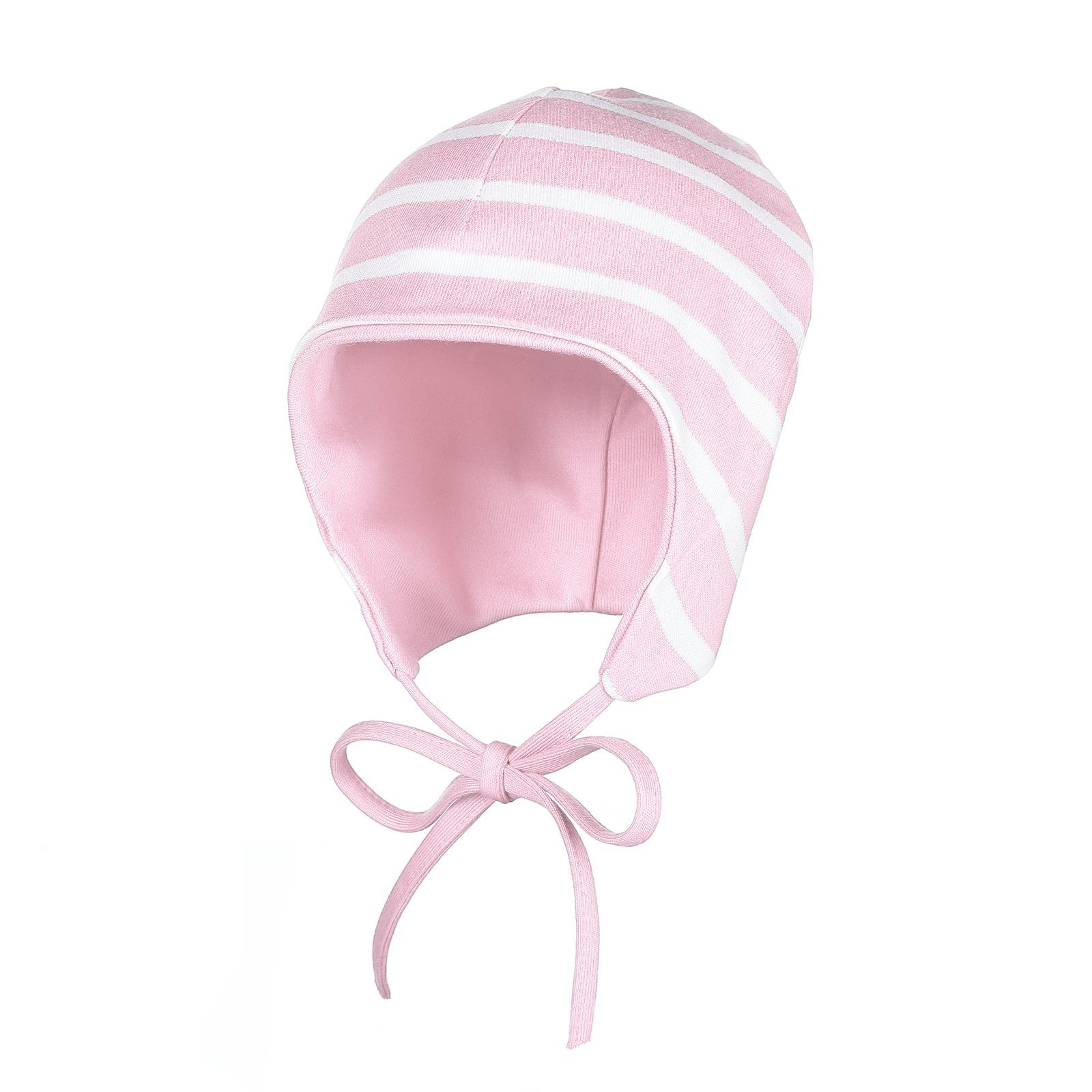 modAS Jerseymütze Baby Mütze Baumwolle - Kopfbedeckung mit Bindeband und Ohrenschutz (14) rosa / weiß