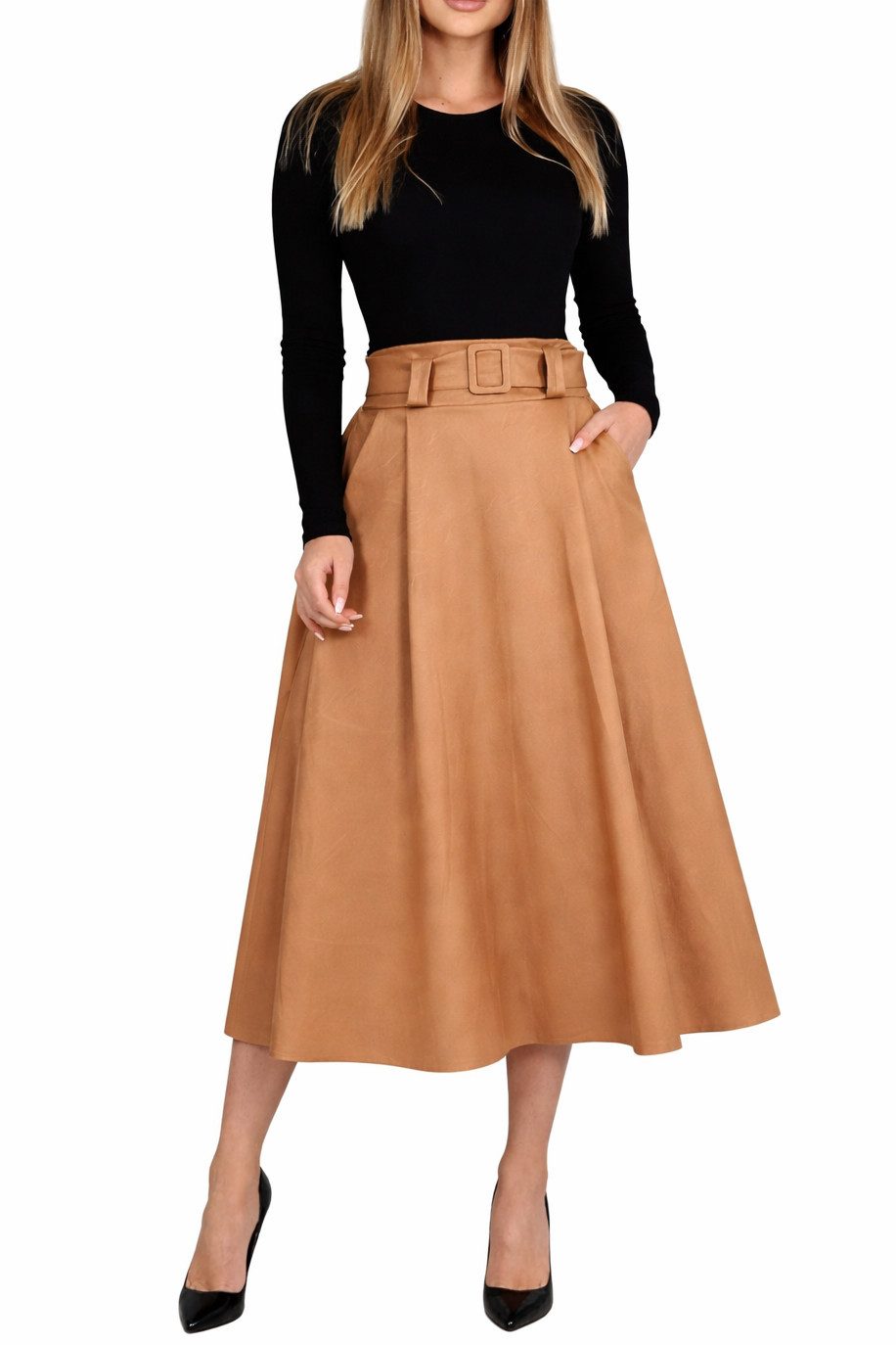 Mississhop Lederimitatrock Damen A-Linien Rock mit Gürtel – Kunstleder M.401