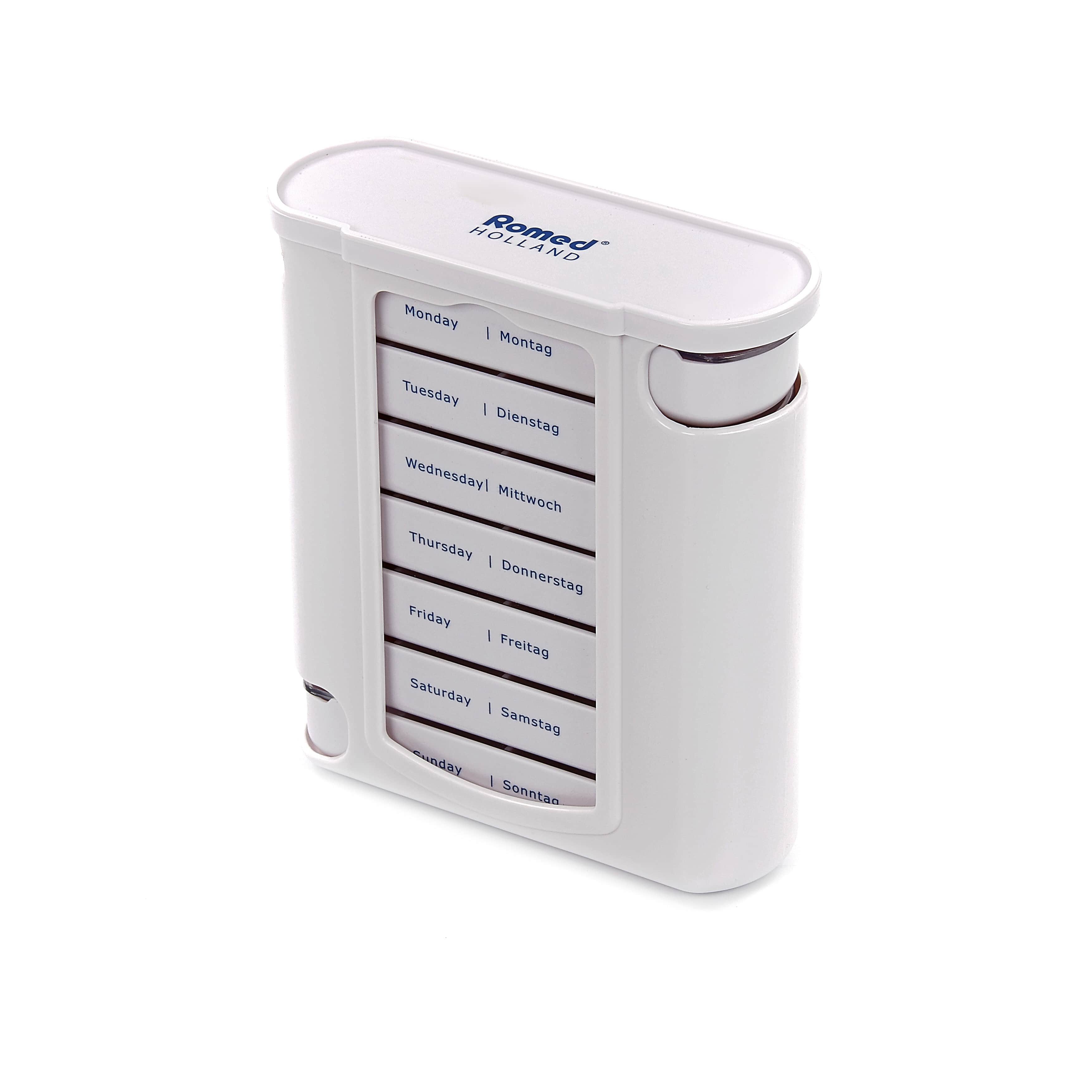 Romed Pillendose Tablettenbox Wochendispenser 7 Tage (60 St), Zweisprachiger Aufdruck auf Deutsch und Englisch