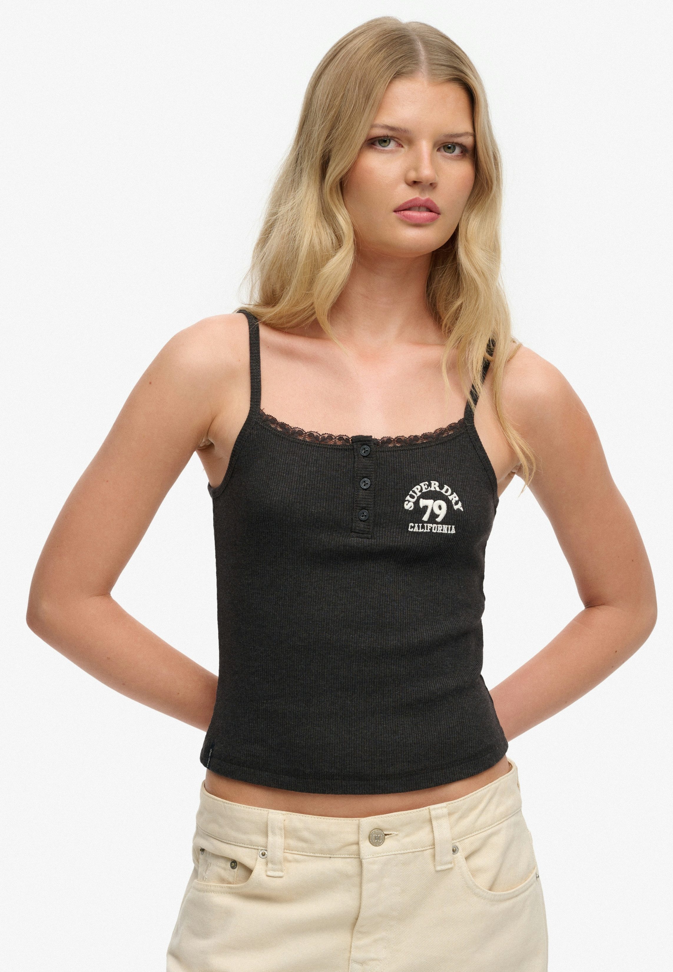 Superdry Damen Athletic Essentials Trägertop mit Knopfleiste und Stickerei Grey - Größe: 42
