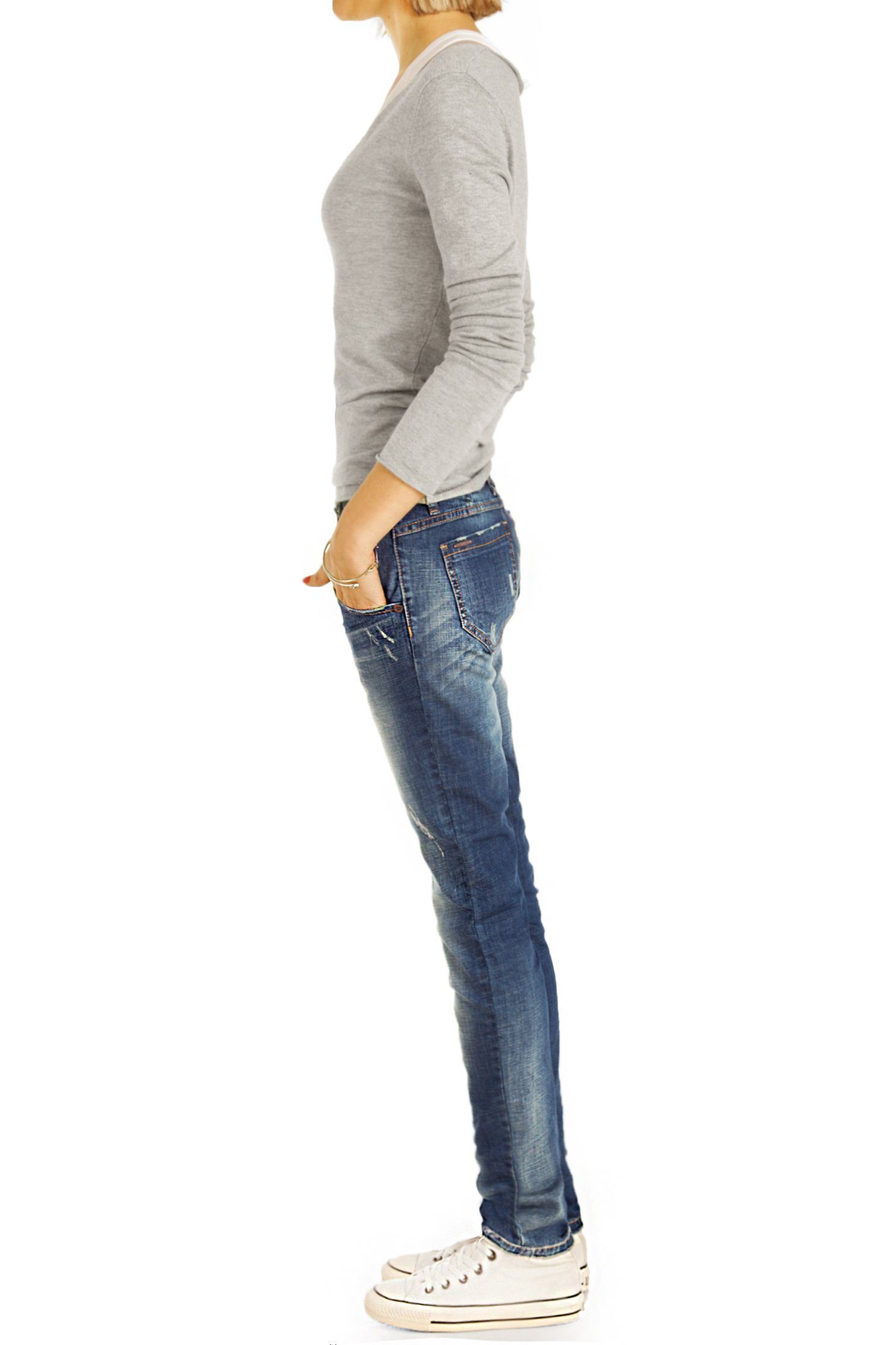 am Low-rise-Jeans Saum, j17g-3 Low be - Stretch-Anteil, 5-Pocket-Style Knopfleiste mit styled Damen mit Schlitz - Waist Hüftjeans
