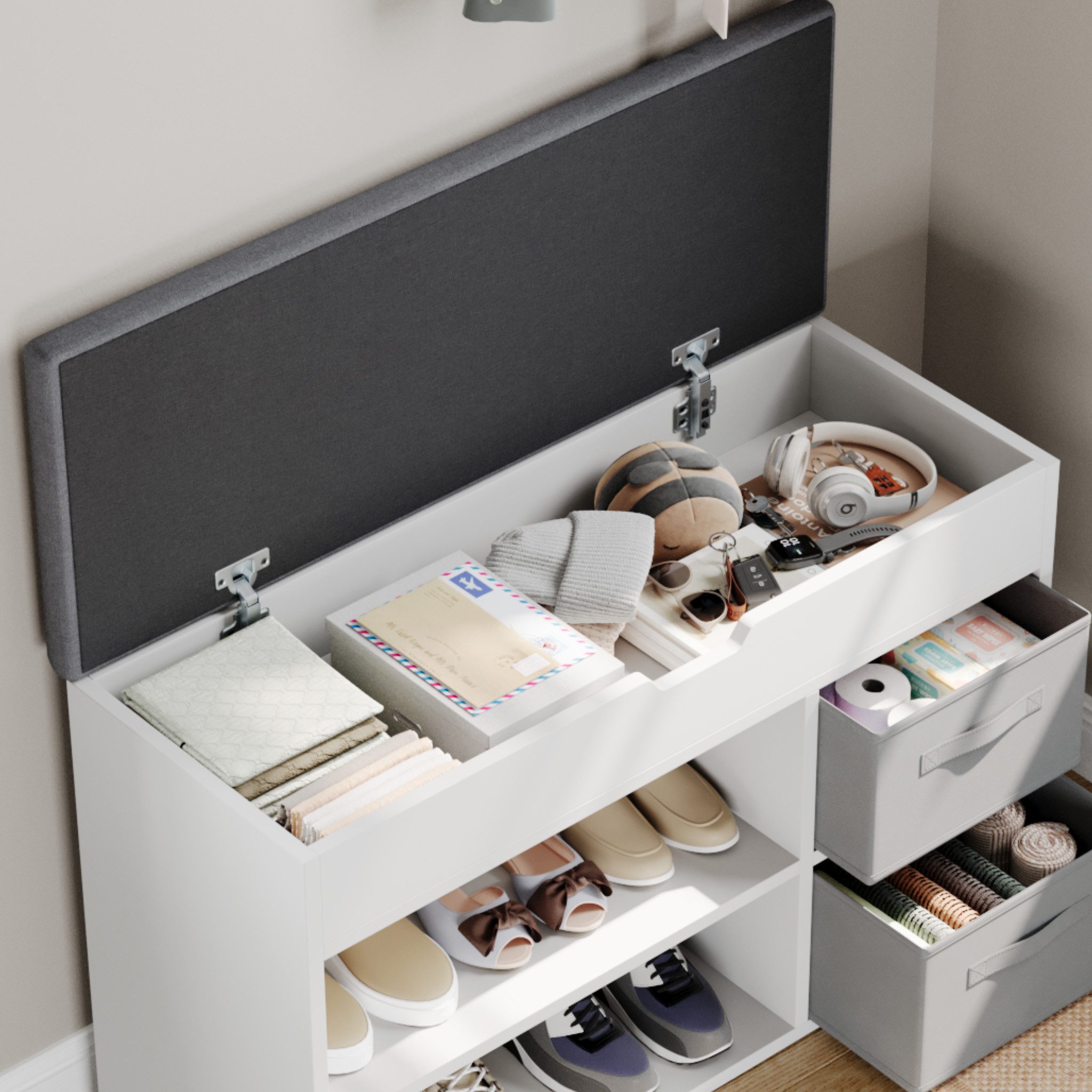 Mondeer Schuhbank Schuhhocker (80 x 48 x 30 cm), Holzschuhablage mit Stoffschublade und aufklappbarem Sitzfläche – Bild 4 von 5