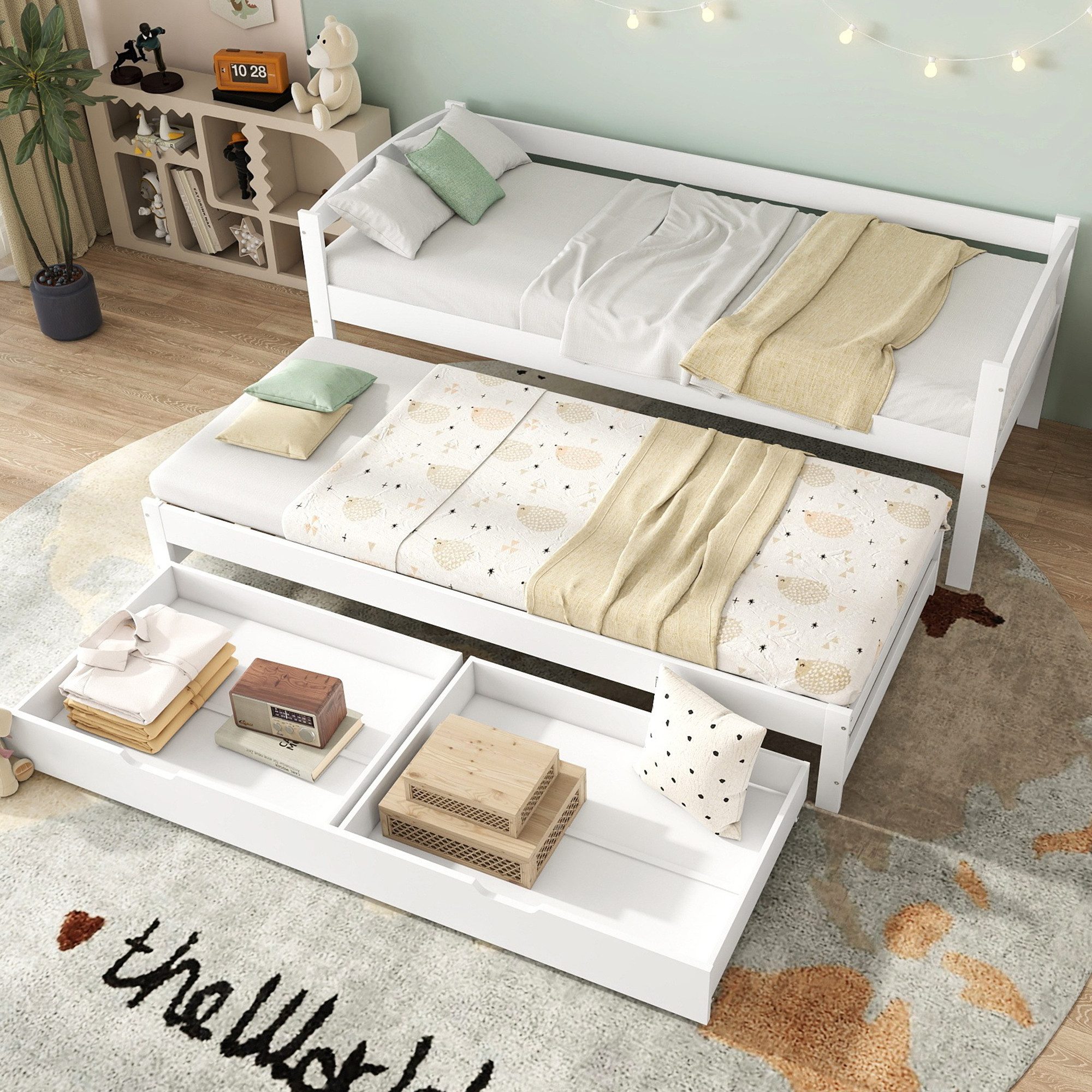 SOFTWEARY Einzelbett mit Gästebett, Lattenrost und 2 Schubladen (90x200 cm), Jugendbett, Holzbett