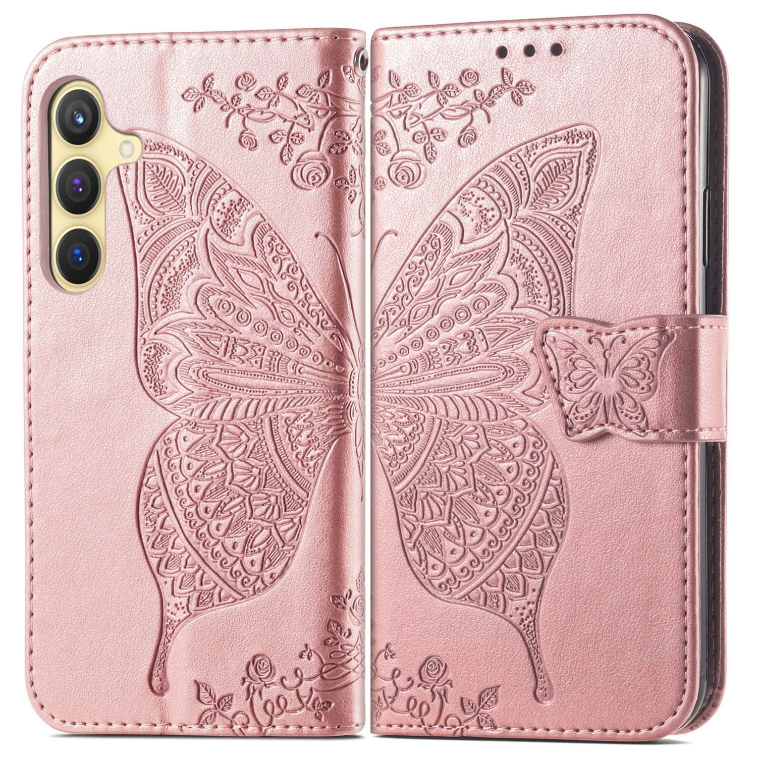 Wigento Smartphone-Hülle Für Samsung Galaxy S25 5G Kunstleder Wallet Schmetterling Hülle Rosa, Kunst-Leder Schutzhülle Smart Case Cover magnetischer Verschluss