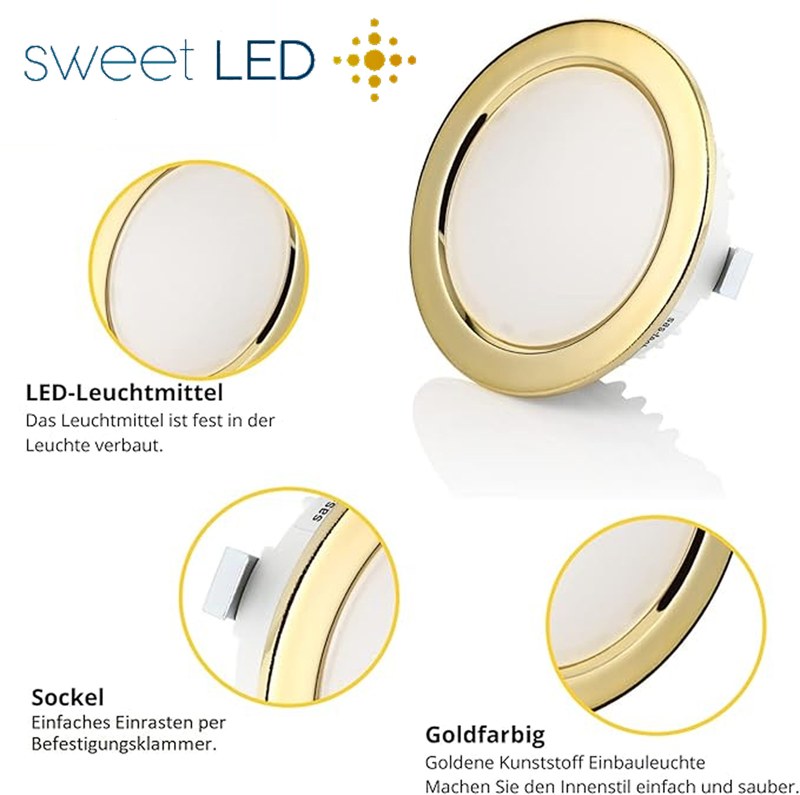 Sweet LED LED Einbaustrahler 4er Set 3,5 W Möbelleuchten IP44 Gold 12V, LED fest integriert, 6500K - kaltweiß, Deckenspots, Deckenstrahler, Möbeleinbaustrahler