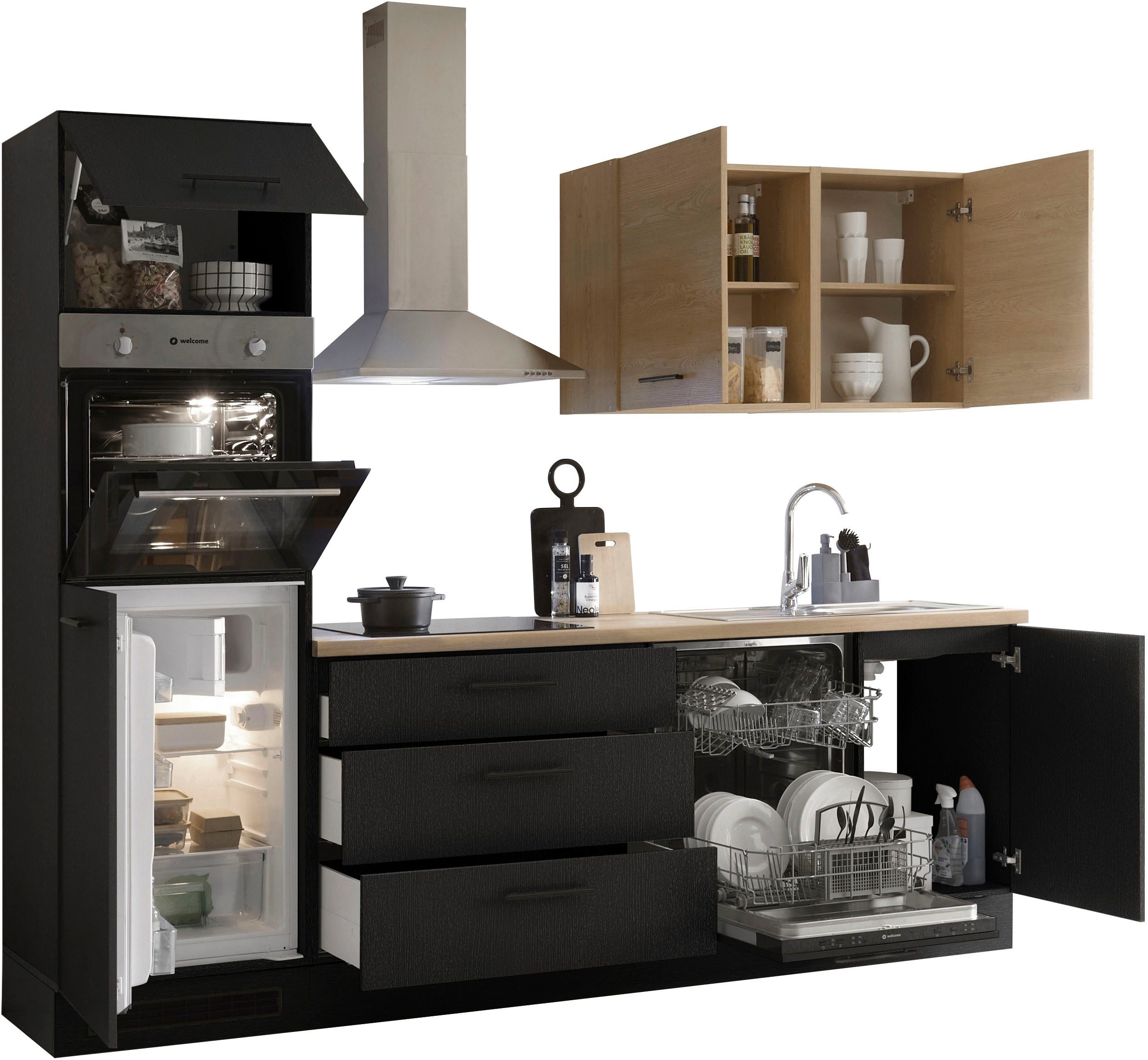 KOCHSTATION Küchenzeile KS-Malfi, Breite 260cm, wahlweise mit E-Geräten, Arbeitsplatte 38mm Stärke