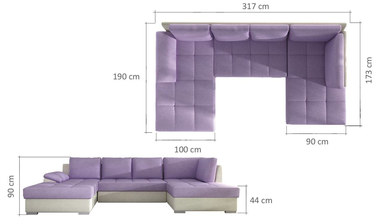 JVmoebel Ecksofa Luxus U-Form Wohnlandschaft Große Couch Polster Bettfunktion, Made in Europe Lila