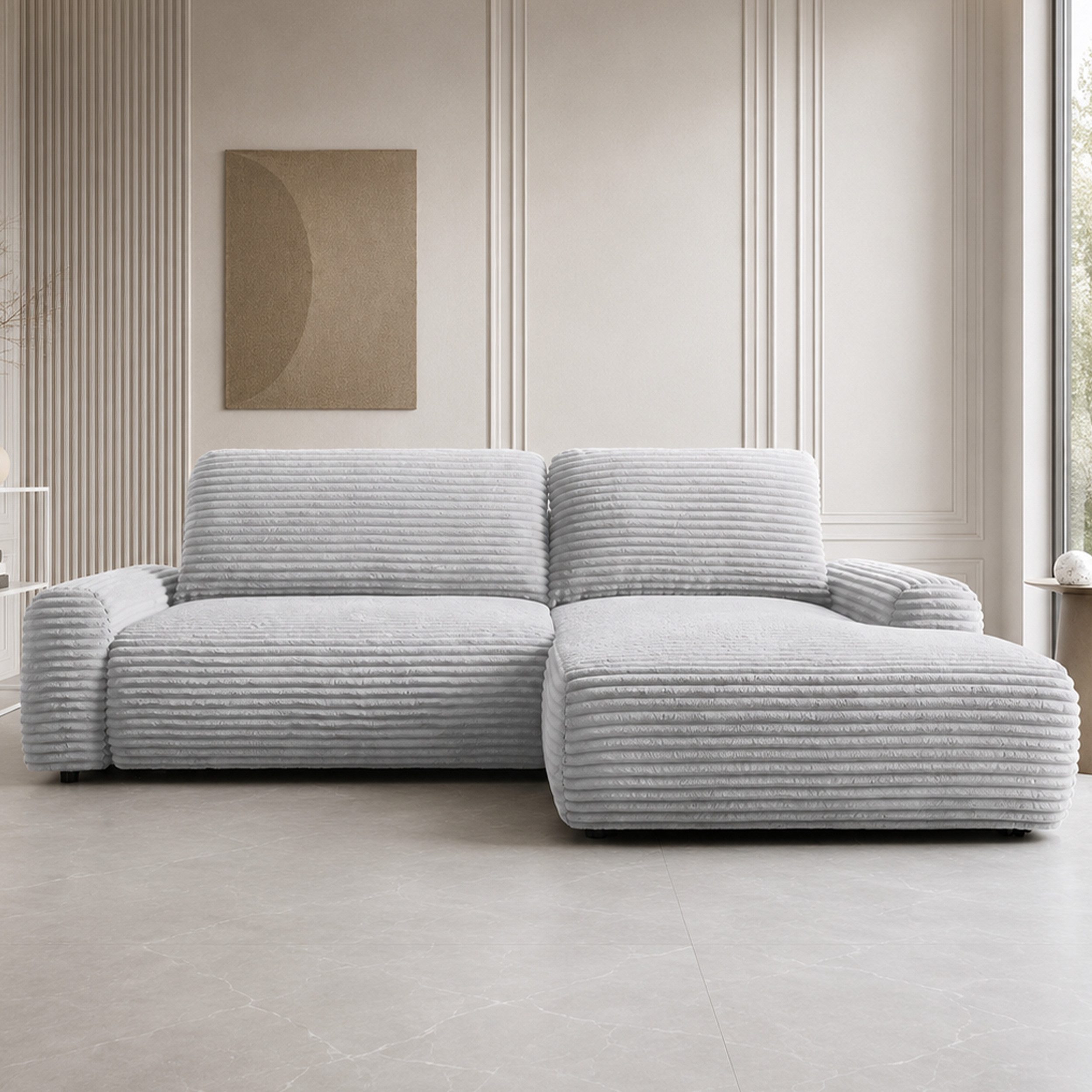 Goldstoff Ecksofa mit Schlaffunktion und Bettkasten, Cord Sofa - Modernes Schlafsofa, L-Form Schlafsofa mit Schlaffunktion und Bettkasten, moderner Cordstoff 2 Teile, pflegeleichtes Cordsofa mit Schlaffunktion in grau