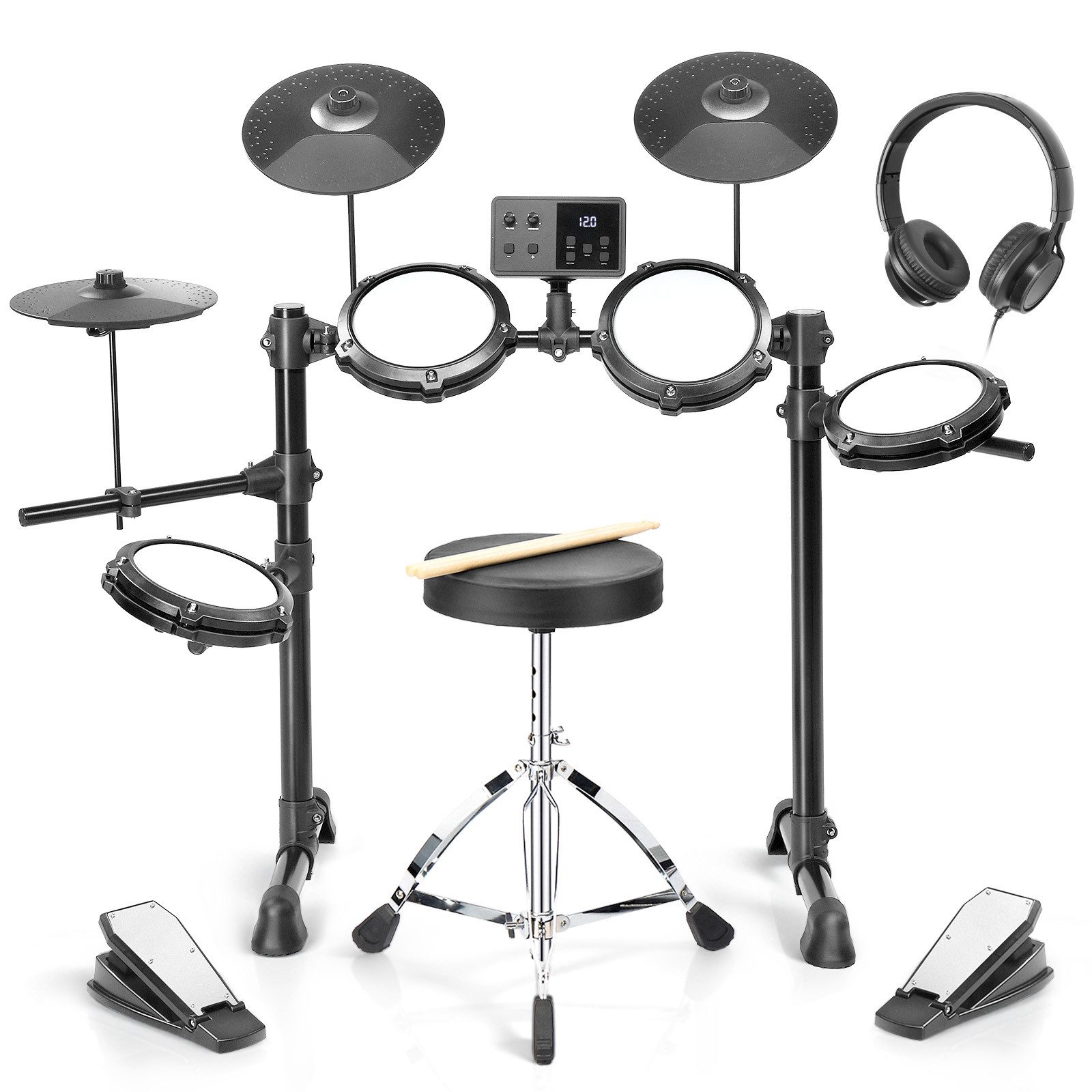 LALAHO E-Drum mit 4 Pads und 3 Becken Kinder Elektronisches Schlagzeug Set, E-Drum Kit 150 Töne 15 Schlagzeug-Kits, Kopfhörer Sticks Drumhocker