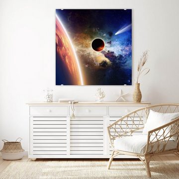 Primedeco Glasbild Wandbild Quadratisch Kometen und Planeten mit Aufhängung, Weltall