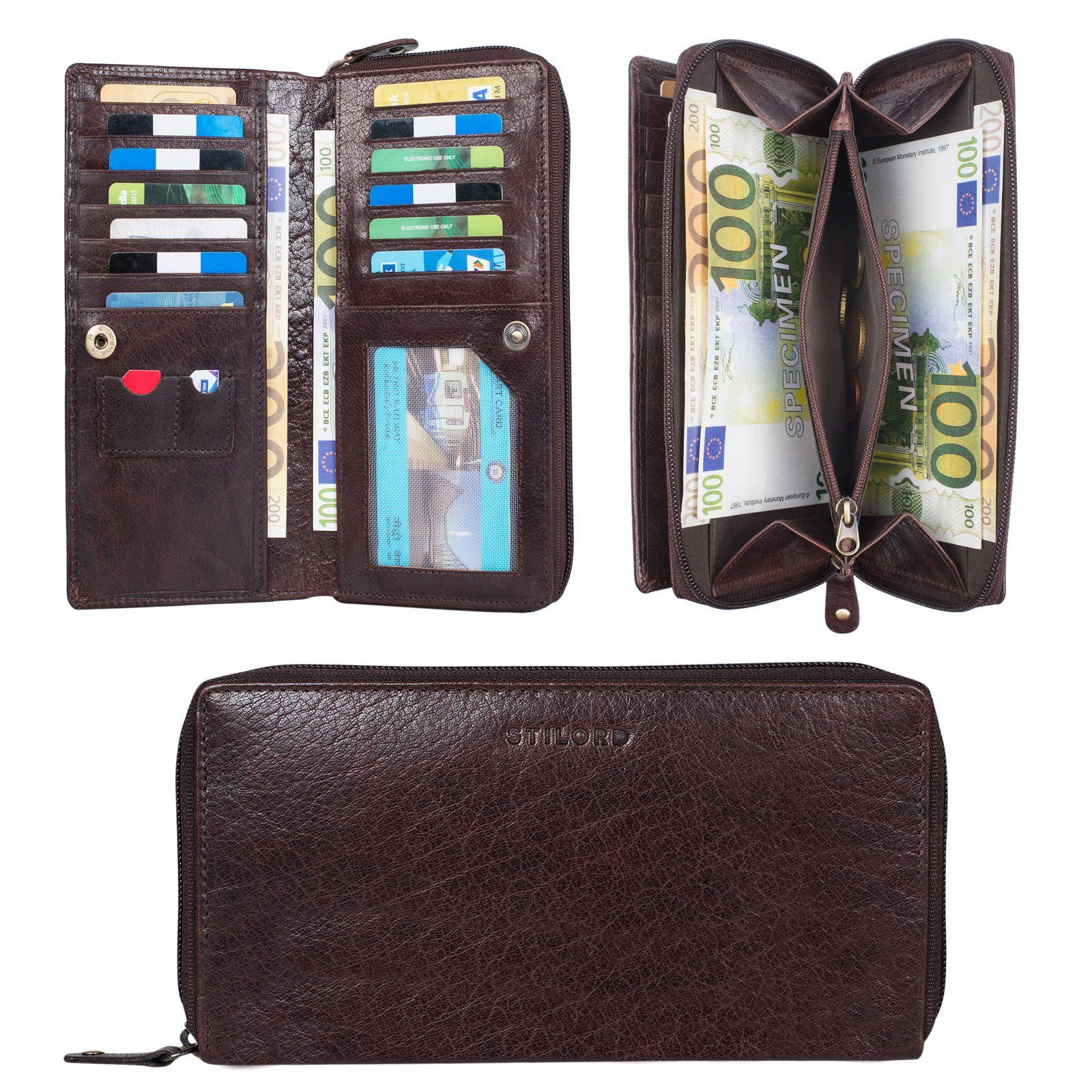 Leder "Dana" - RFID samt braun Geldbörse Damen anti Geldbörse STILORD lang NFC