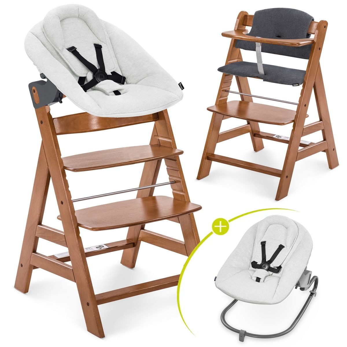 Hauck Hochstuhl Alpha Plus Newborn Set - Walnut, Holz Babyhochstuhl ab Geburt inkl. Neugeborenen Aufsatz & Sitzpolster