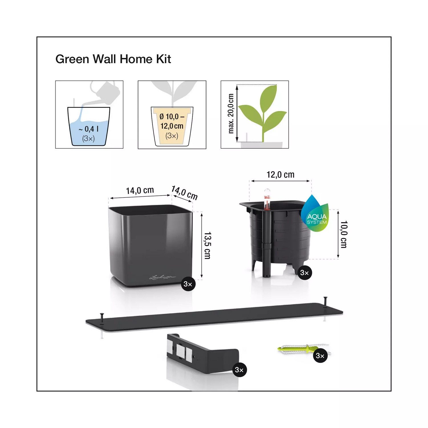 Lechuza® Kräutertopf Green Wall Home Kit, 3x Cube Premium 14, Kompletts
