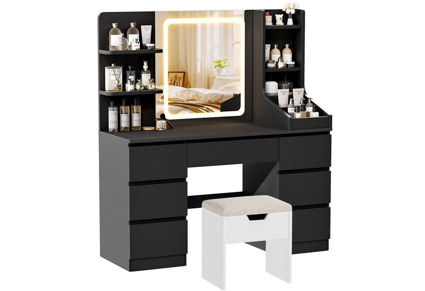 HOMALL Schminktisch LED-Spiegel, 7 Schubladen, 110 cm breit, Aufbewahrungshocker optional (Schminktisch mit dimmbarem LED-Spiegel (3 Farben), 7 Schubladen + 8 Fächer, 110×40×139 cm – 5 Farben (Schwarz/Rosa/Vintage/Weiß/Weiß Hochglanz), Hocker opt., E1-Pla