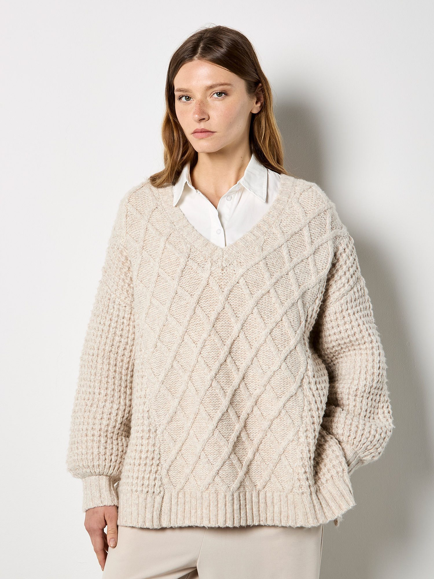 Apricot V-Ausschnitt-Pullover Grobstrickpullover mit Waffel- und günstig online kaufen