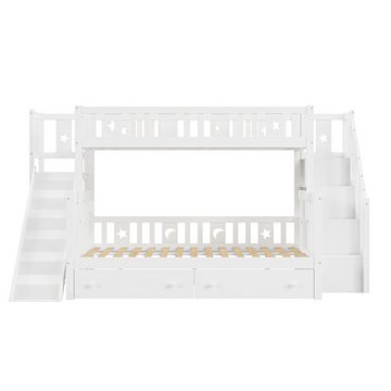 Ulife Etagenbett Massivholz Kinderbett 90x200/140x200cm, mit Rutsche und Regal, mit Sicherheitsstufen und zwei großen Schubladen