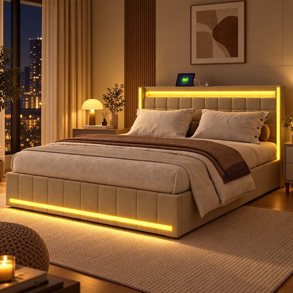 PXloue Polsterbett LED-Bett mit Stauraum und Ladeanschluss (Geeignet für Jugendliche und Erwachsene), Fernbedienung für LED-Farben und sicheres Leinenmaterial 160x200 cm