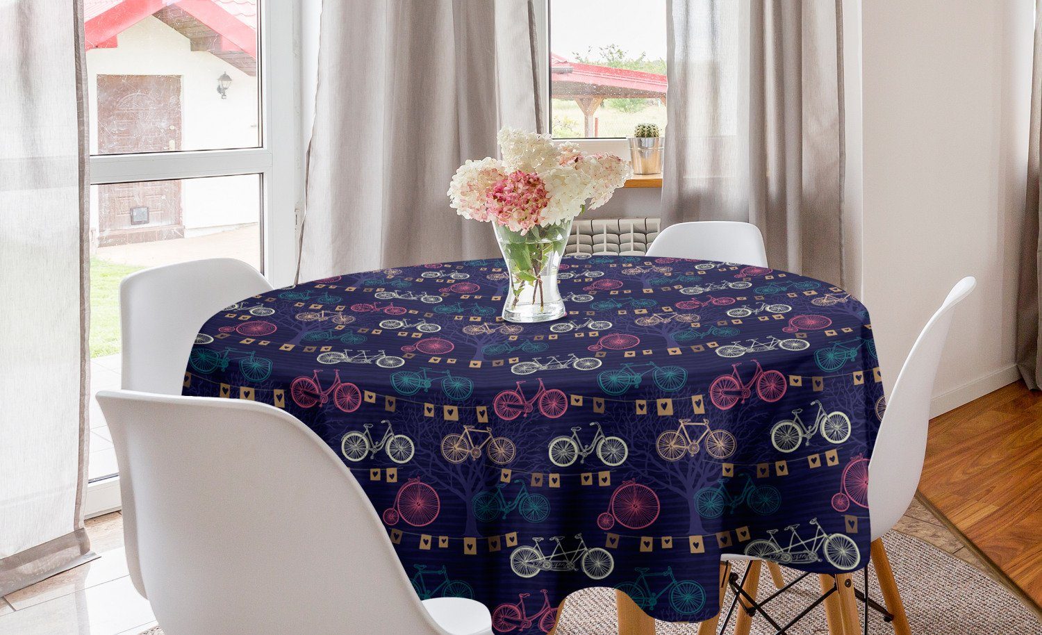 Abakuhaus Tischdecke Kreis Tischdecke Abdeckung für Esszimmer Küche Dekoration, Retro Fahrräder mit Herz-Flagge