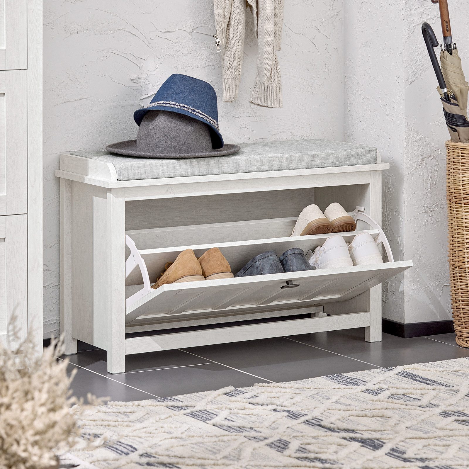 SoBuy Schuhbank mit Sitzkissen Sitzbank Schuhregal Weiß 80cm FSR161-W günstig online kaufen
