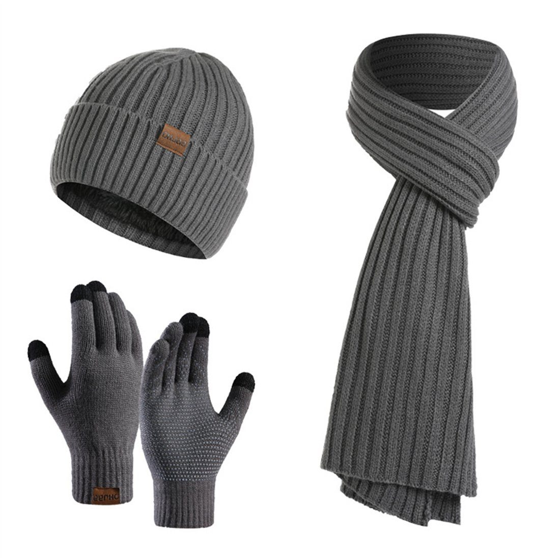 DÖRÖY Strickmütze Unisex Winter Strickmütze, Solid Farbe Hut Schal Handschuhe 3er Set dunkelgrau