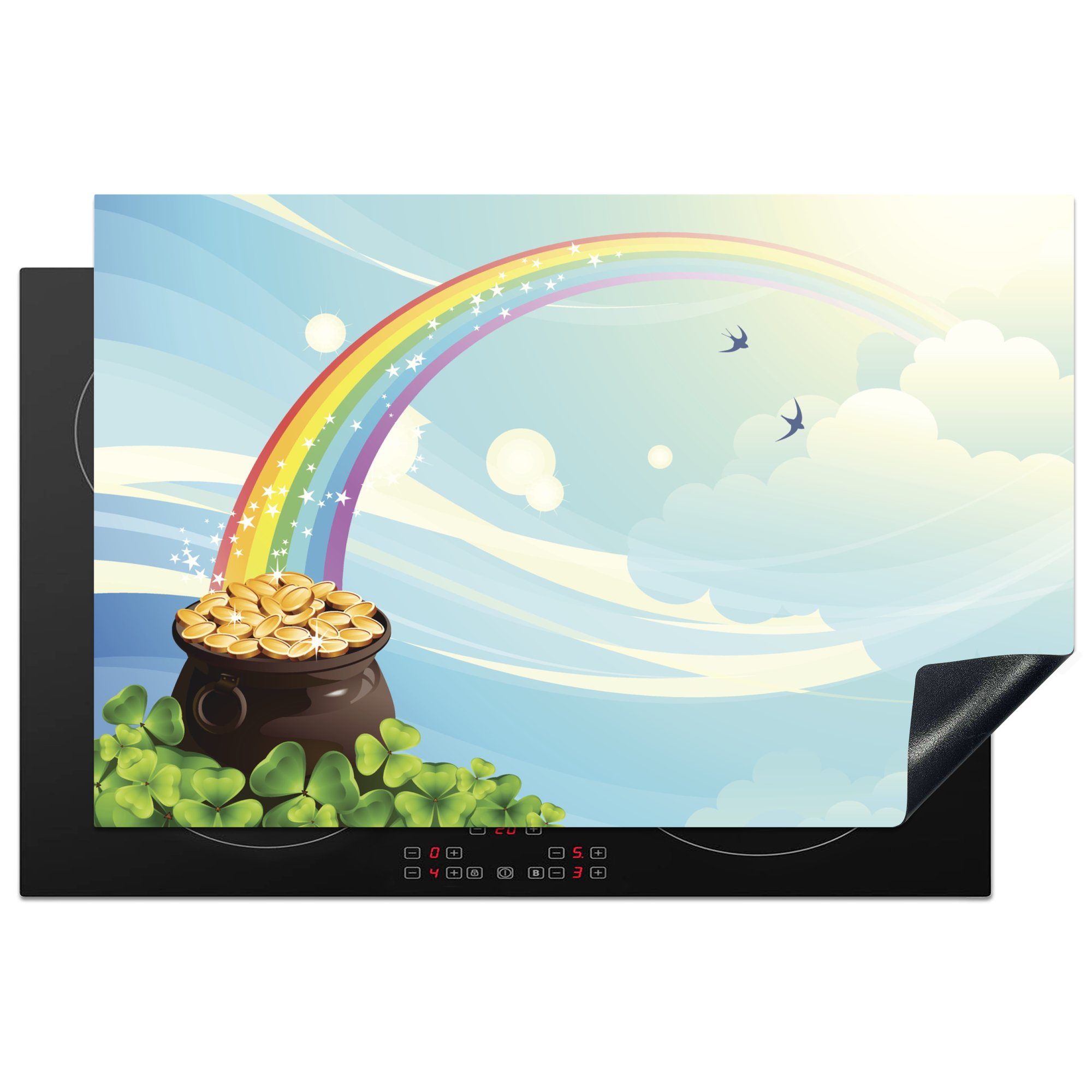 MuchoWow Herdblende-/Abdeckplatte Eine Illustration Himmel, die eines Ceranfeldabdeckung Induktionskochfeld küche, (1 einem tlg), Regenbogens Schutz unter 81x52 bewölkten cm, Vinyl, für