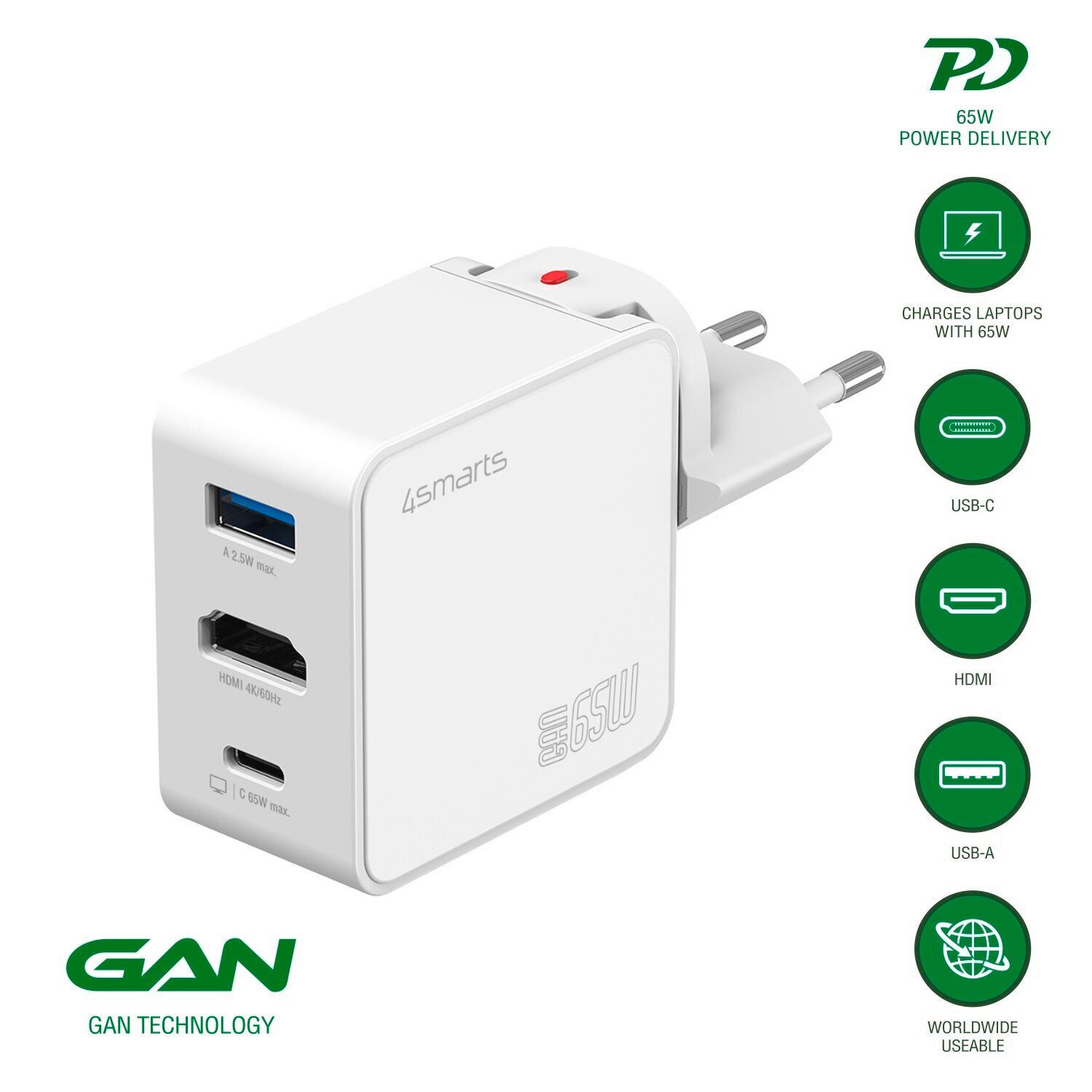 4smarts Netzladegerät GaN Flex HDMI 65W Universal-Ladegerät (Fast Charge)
