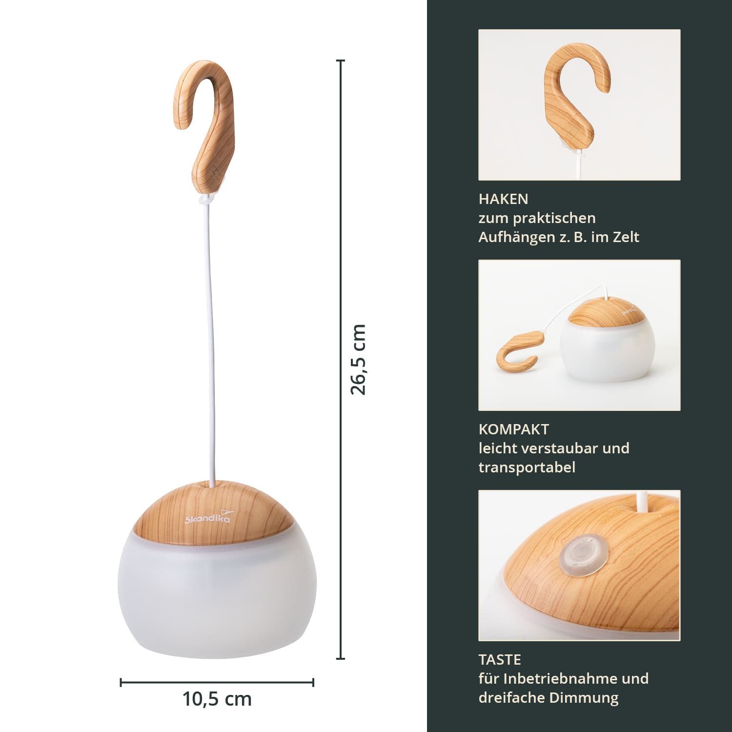Skandika LED Gartenleuchte Campinglampe Tufjord, aufladbar, Zeltlampe, hängend, 3 Lichtmodi, 180 - 200 Lumen, 3000 K Warmweiß, Akku 2000 mAh, Micro-USB Anschluss