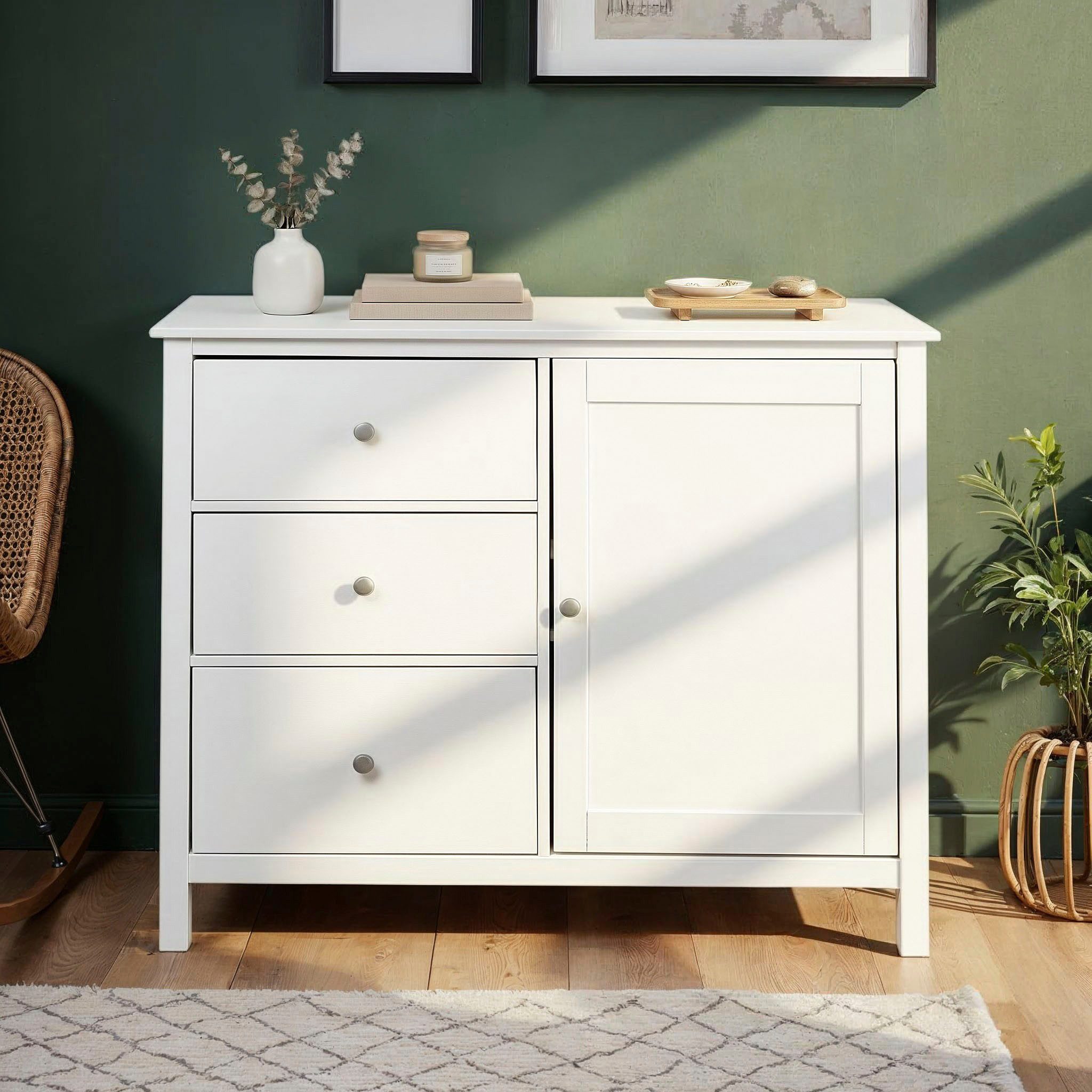 Inter Link Kombikommode Pinora, Kiefer Massivholz, Weiss, 110 x 39,50 x 96 cm, viel Stauraum (1 St), Sideboard im modernem Skandi Look, 3 Schubladen, 1 Tür