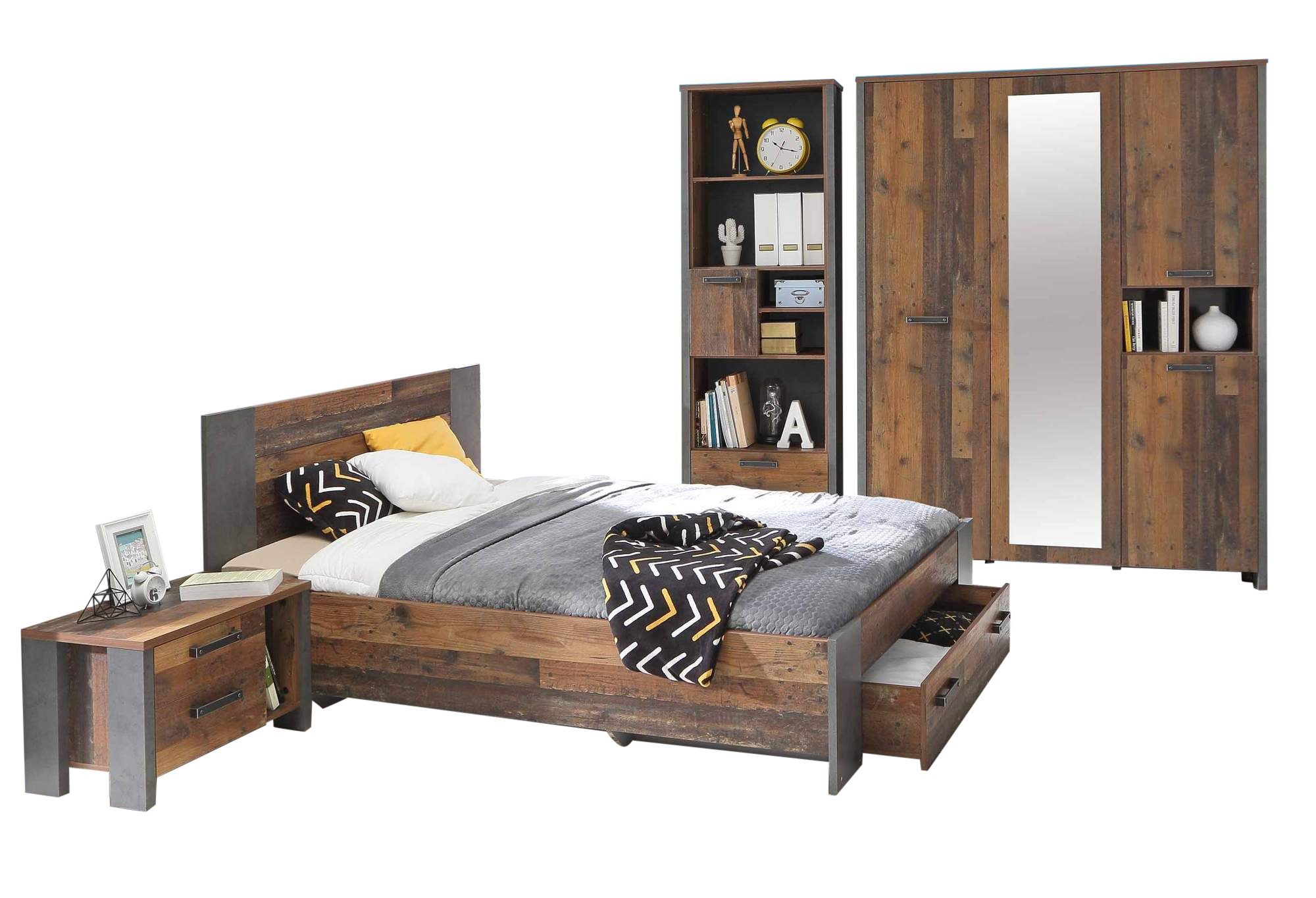 FORTE Komplettschlafzimmer Jugendzimmer CLIF, 5-teiliges Set in Old Wood Vintage und Betonoptik, (Komplett-Set, 5-St., Nachtkommode, Jugendbett, Schublade, Regal, Kleiderschrank)