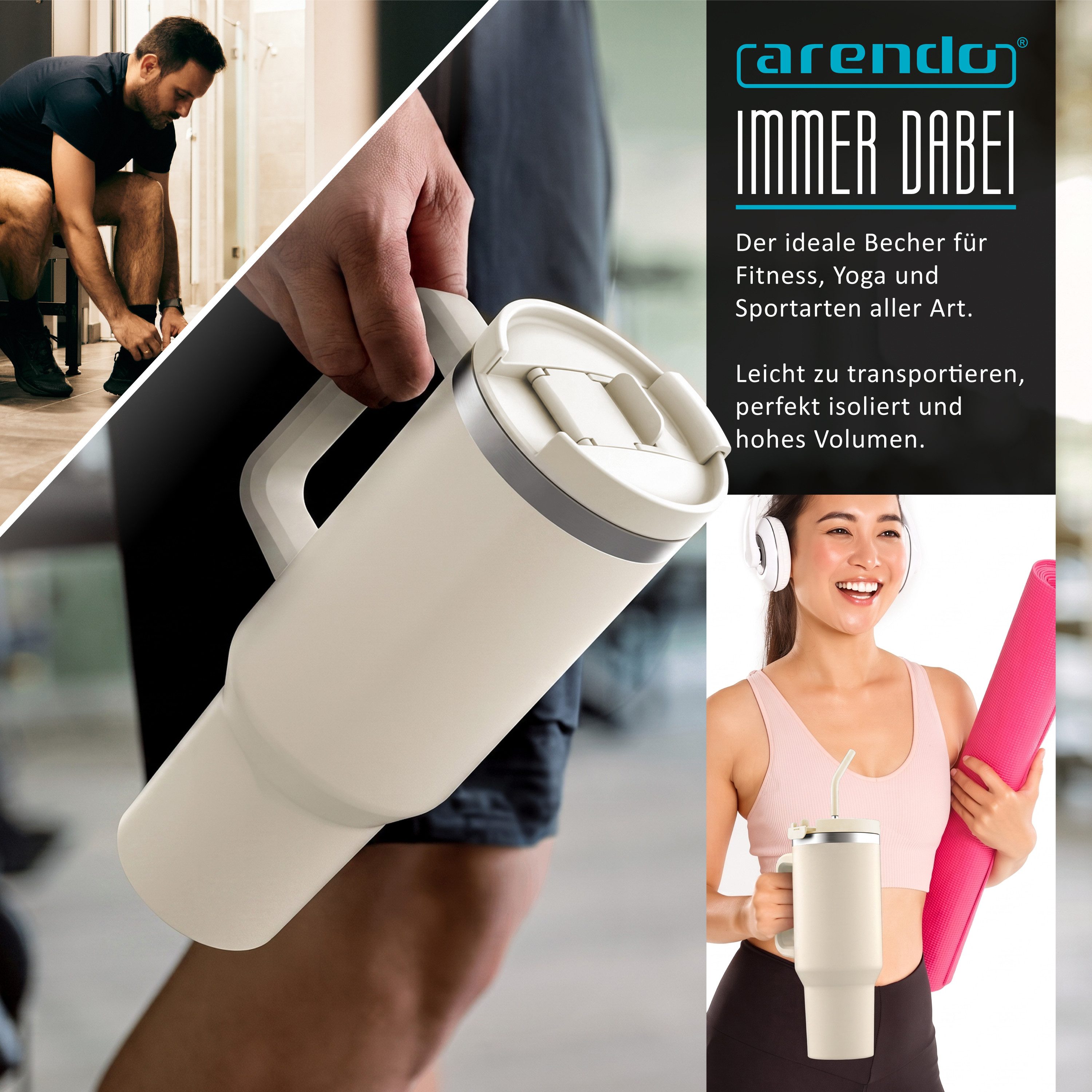 Arendo Thermobecher Tumbler 1200 ml, Becher mit Deckel, Henkel und Strohhalm, Thermal Mug, 1-tlg., Edelstahl, kohlensäuregeeignet, auslaufsicher, doppelwandig,  – Bild 5 von 5