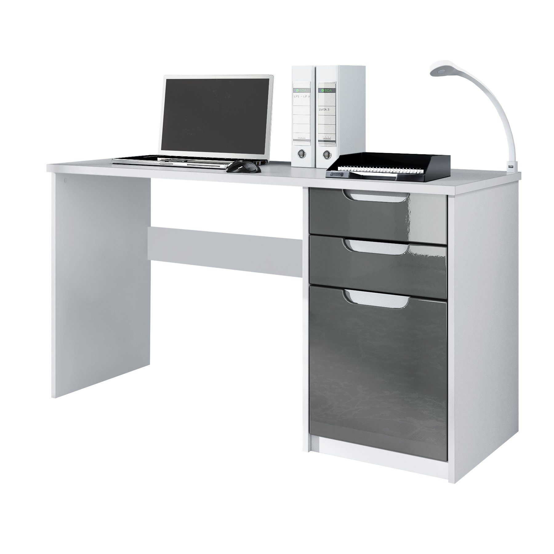 Vladon Schreibtisch Logan (Bürotisch, mit 2 Schubladen und 1 Tür), Weiß matt/Grau Hochglanz (129 x 76 x 60 cm) Fronten in Grau Hochglanz