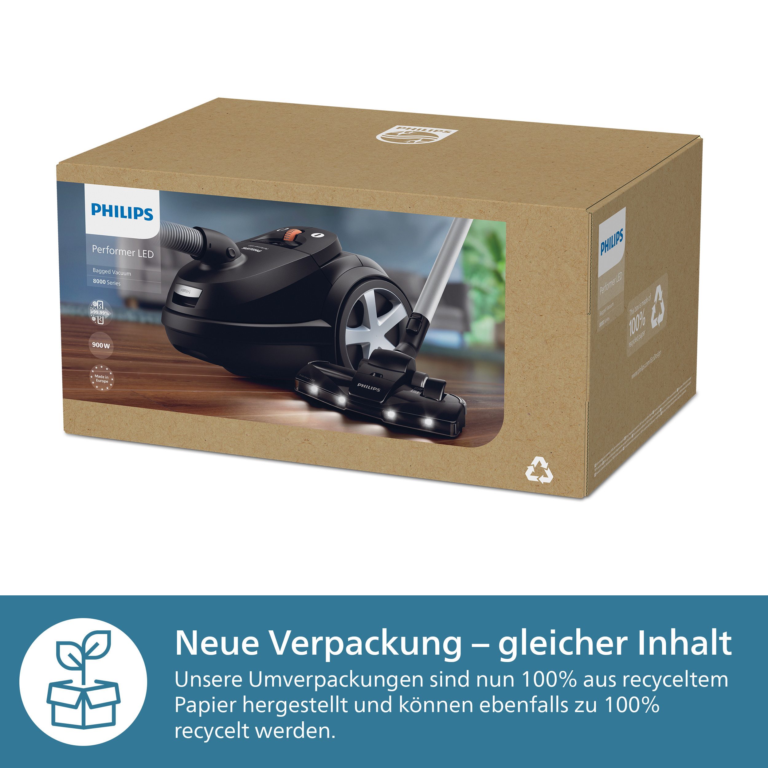 Philips Bodenstaubsauger XD8122/10 8000 Serie, unser leistungsstärkster Allrounder, 900W, 4l, 900 W, mit Beutel, HEPA-Filter, TriActive+ LED-Düse, Möbelaufsätze inkl; Tiefschwarz matt