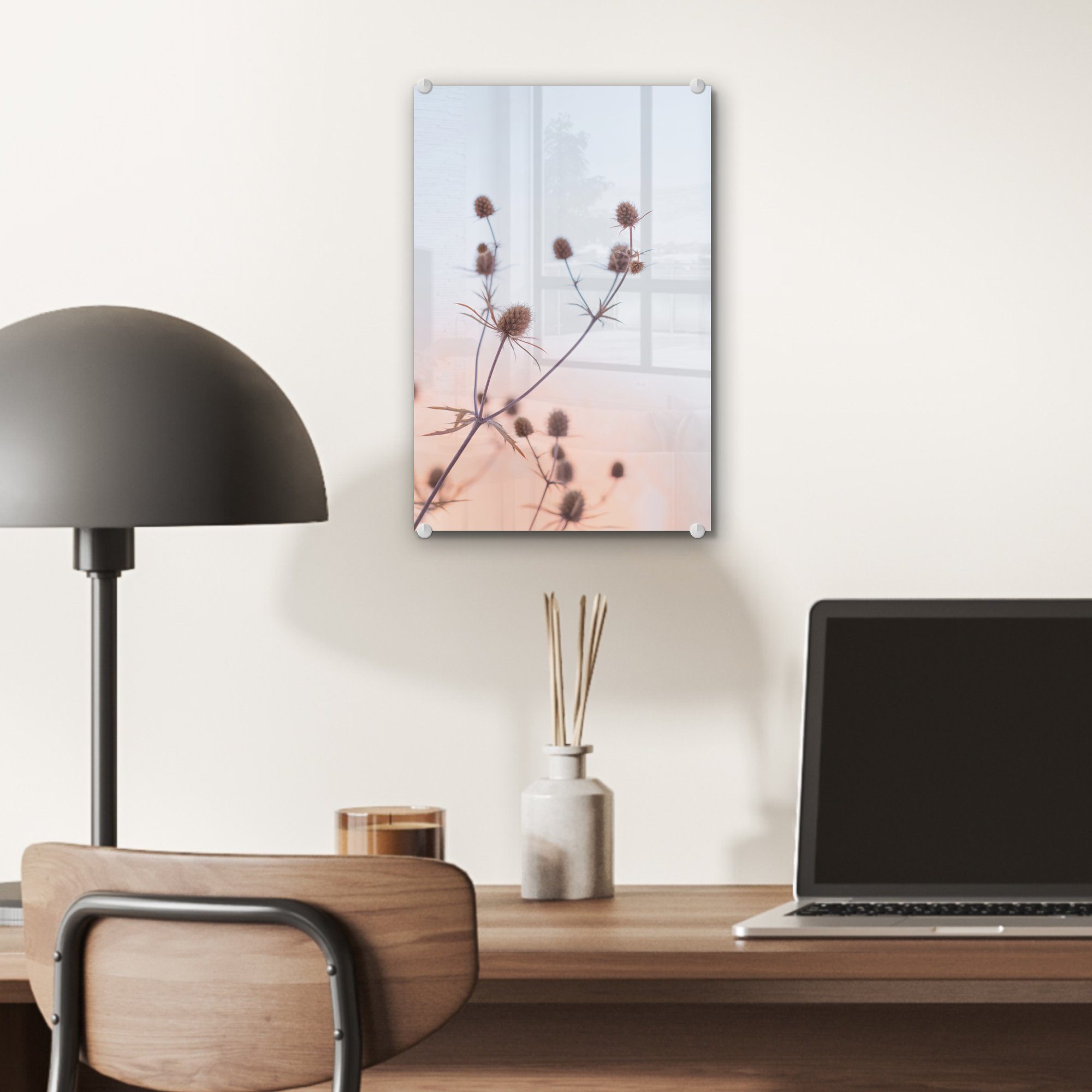 Glas Blumen auf - Foto Acrylglasbild Wandbild - Pastell Wanddekoration (1 Getrocknete auf - Bilder St), - - Glasbilder Himmel, MuchoWow Glas