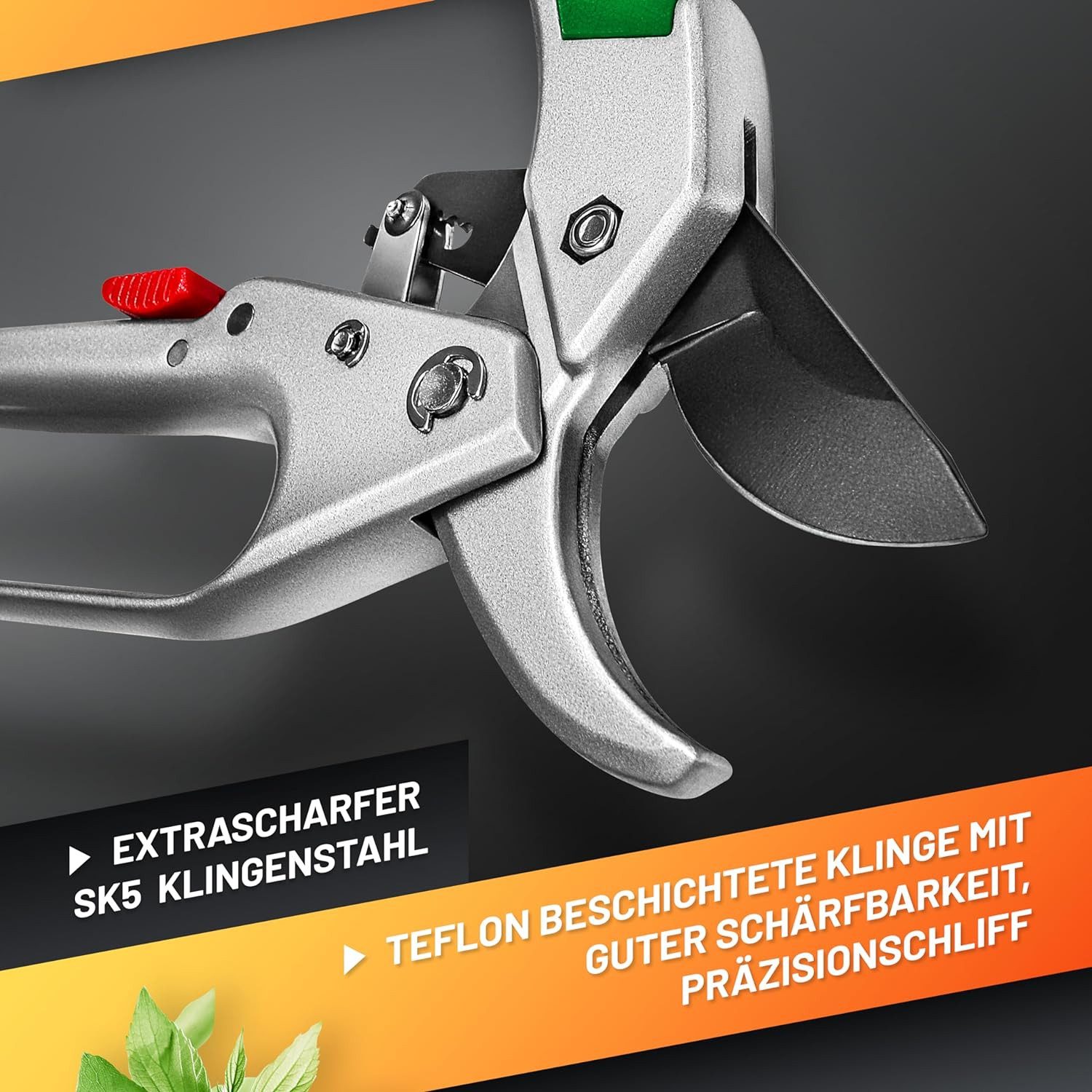 GRÜNTEK Gartenschere Amboss Strauchschere KONDOR 200 mm, automatisch zugeschaltete Ratsche, (Set, inkl. Ölschwamm und Schärfer), bis Ø24 mm, SK5 Klinge, Aluminium-Griffe mit PVC Beschichtung