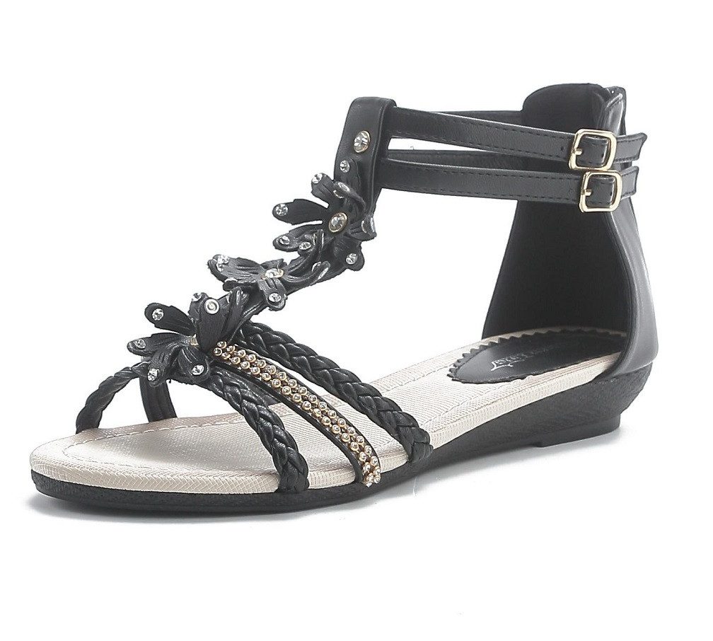 Pogolino ST98 Riemchensandale Damen Sandalen mit Glitzer und Blumen T-Riemen