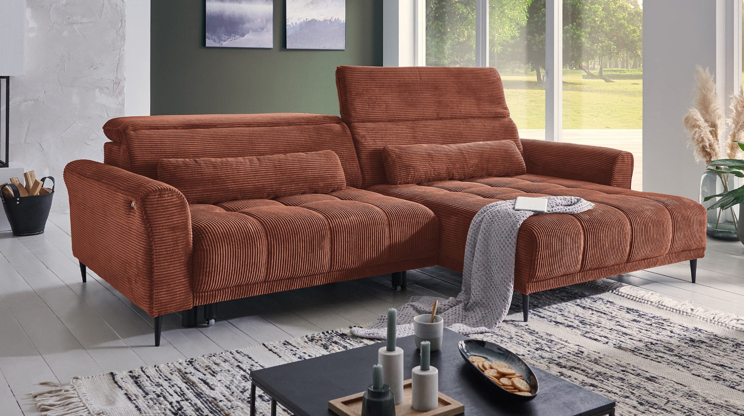 Massivart® Ecksofa Cord 277 cm / Cordsofa LOGAN / Sitztiefenverstellung / Nosagfederung, Kopfteilverstellung · Rücken echt bezogen · 2 Nierenkissen