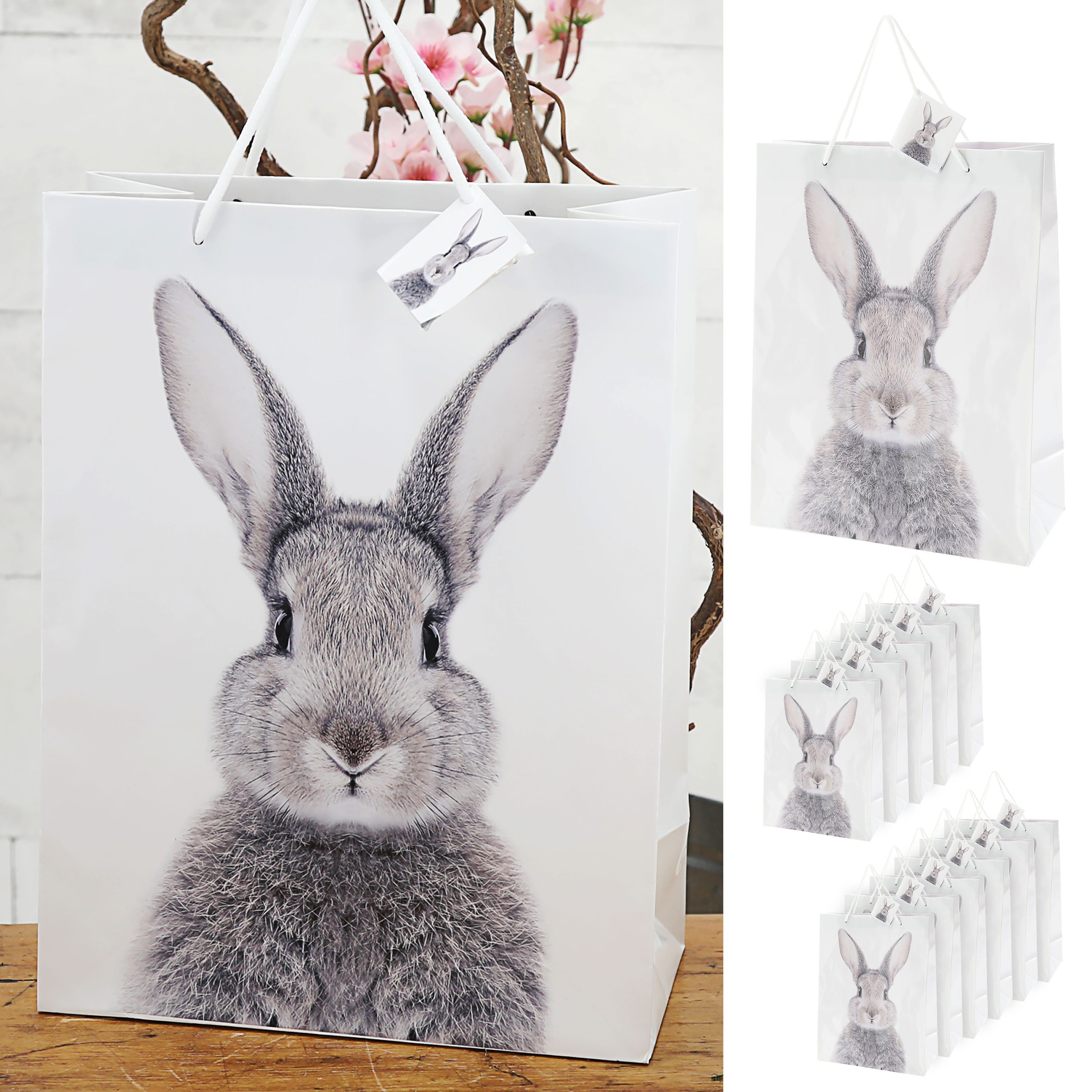 CEPEWA Geschenkpapier Geschenktüte Hase 12er Set 25x33x12cm Papier 128g/m² weiß matt Ostern