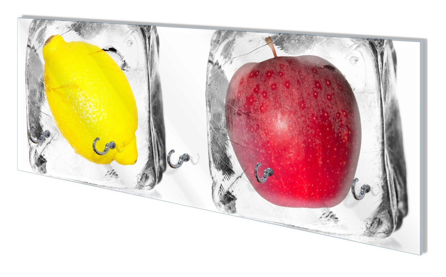 Wallario Wandgarderobe Zitrone in Eiswürfel - Eiskaltes Obst (1-teilig, inkl. Haken und Befestigungsset), 80x30cm, aus ESG-Sicherheitsglas