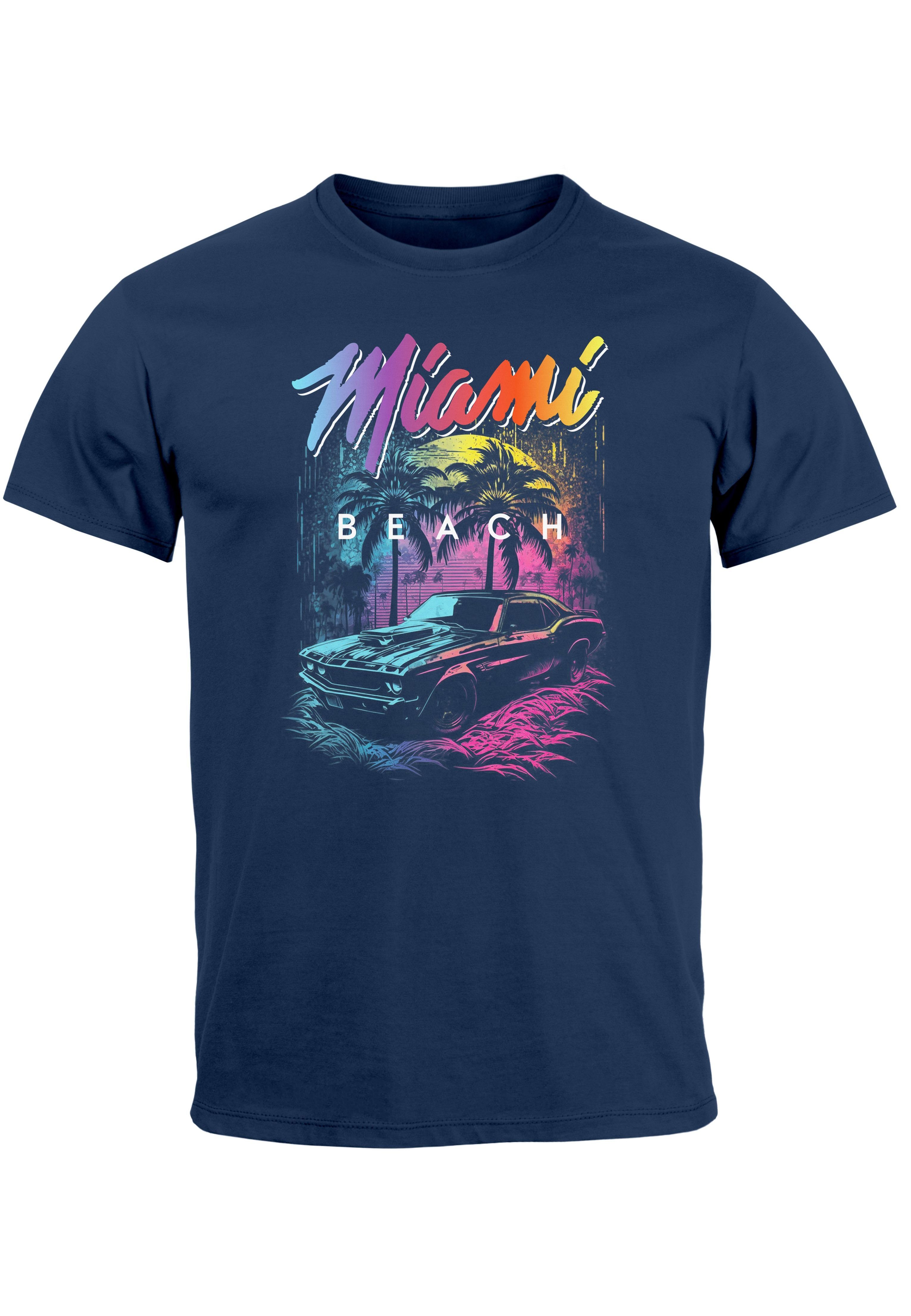 Neverless Print-Shirt Herren T-Shirt Miami Beach USA Oldtimer Car Palmen Print Fashion Stree mit Print navy