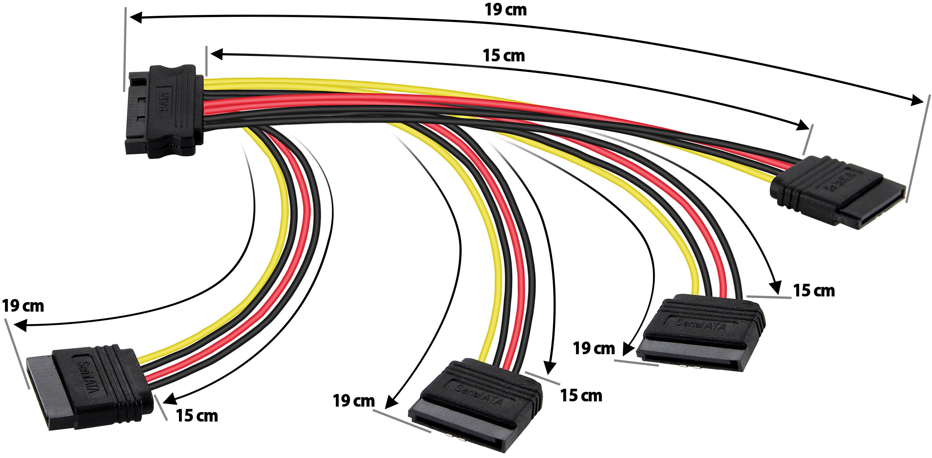 Poppstar SATA Stromkabel Verteiler 4-fach für HDD, SSD, Festplatte, Motherboard Stromkabel, Kabel Stromadapter 20cm 1x Stecker (m) auf 4x Buchse (w)