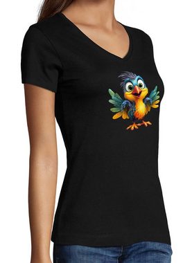 MyDesign24 T-Shirt Damen Wildtier Print Shirt - Baby Paradies Vogel V-Ausschnitt Baumwollshirt mit Aufdruck Slim Fit, i271