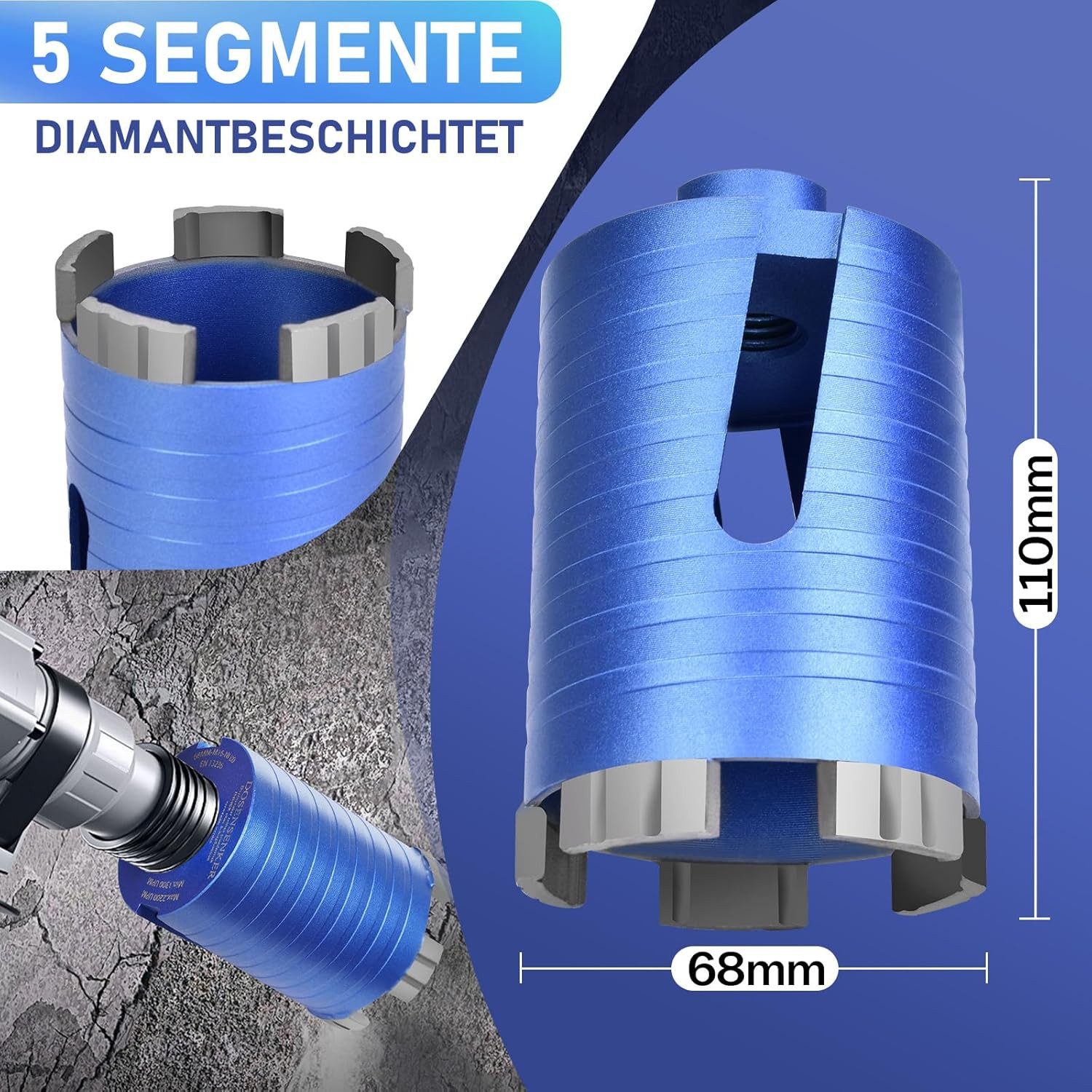 XERSEK Lochsäge M16 Diamant Dosensenker Turbo Dosenbohrer 68 mm mit SDS PLUS Bohrkrone, Ø 68 mm, 5 Diamantsegmente, Nutzlänge 95mm Steckdosenbohrer, Kronenbohre – Bild 3 von 5