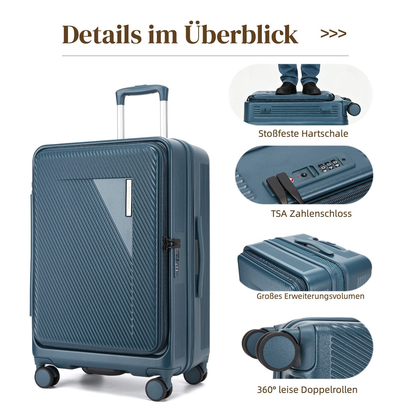 Super Solu Hartschalen-Trolley Erweiterbarer Reisekoffer mit Frontöffnung, Hartschalenkoffer 100% PC, 4 Rollen, 360° Doppelrollen, 24Zoll/66cm, Stoßfester Koffer mit TSA, Blau
