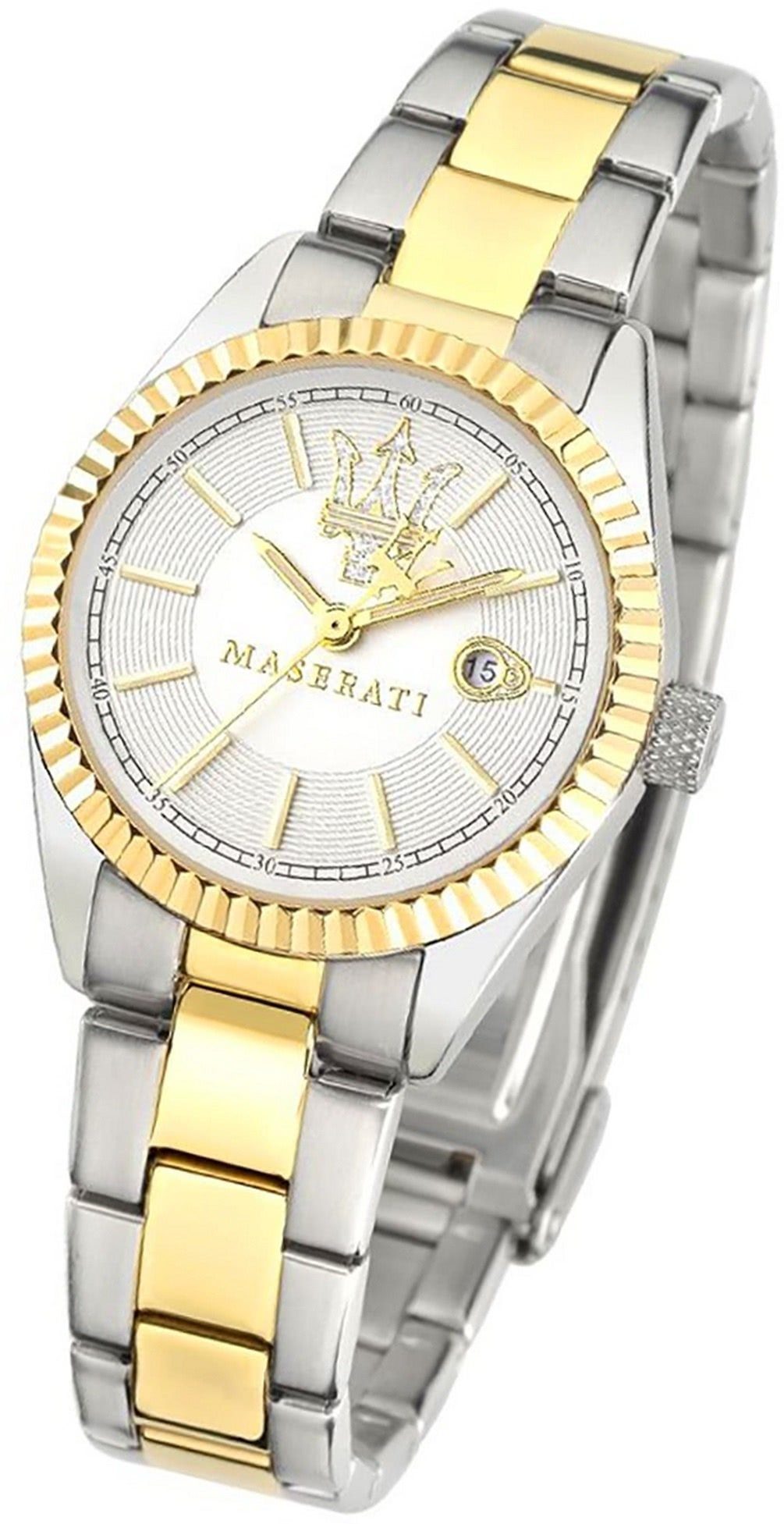 MASERATI Quarzuhr Maserati Edelstahl Uhr Analog, Damenuhr Edelstahlarmband, rundes Gehäuse, groß (ca. 39x31,3mm) weiß