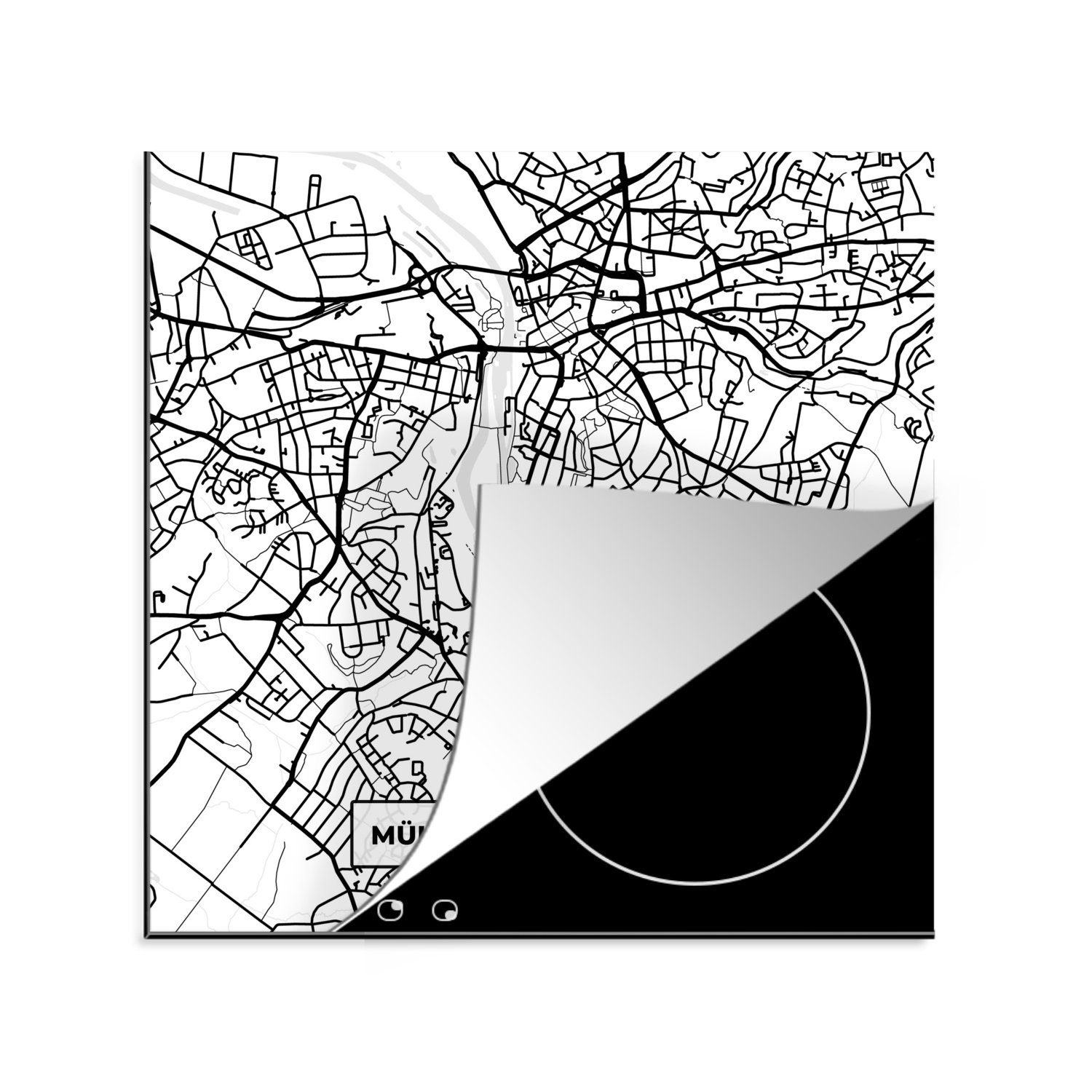 MuchoWow Herdblende-/Abdeckplatte Mülheim an der Ruhr - Karte - Stadtplan, Vinyl, (1 tlg), 78x78 cm, Ceranfeldabdeckung, Arbeitsplatte für küche