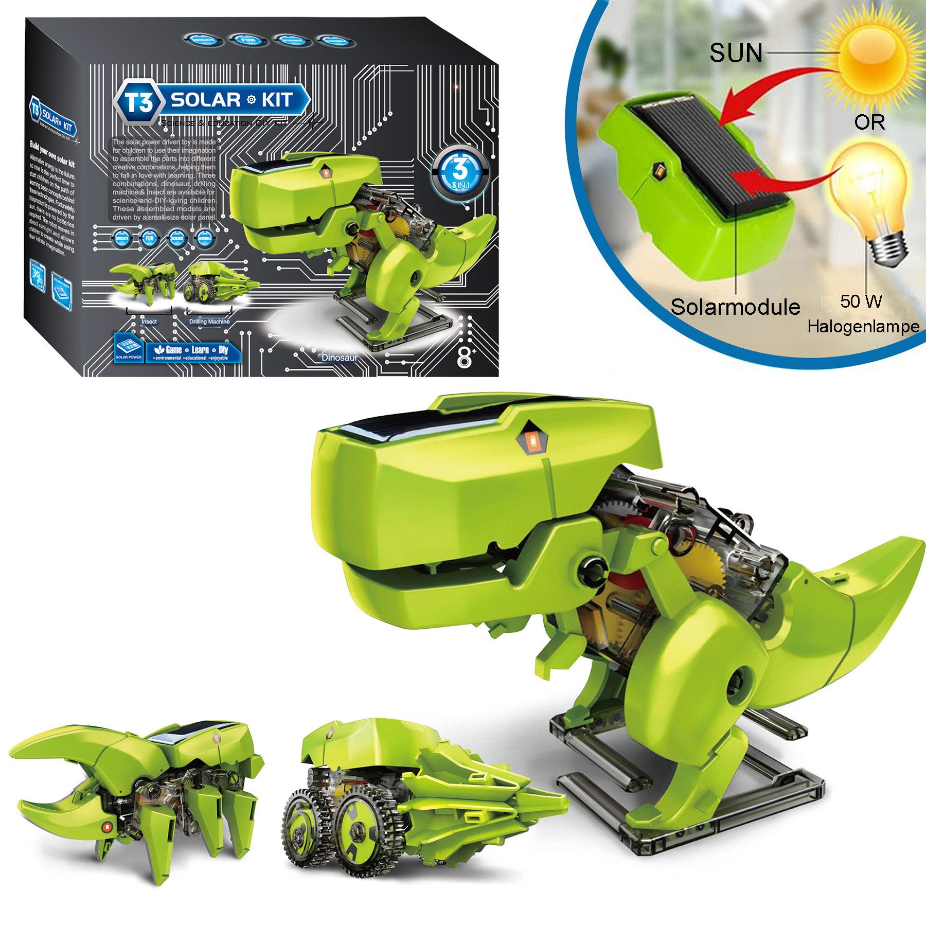 Senmudi Lernspielzeug Solarroboter-Bausatz 3-in-1 MINT-Spielzeug Solarbetri günstig online kaufen