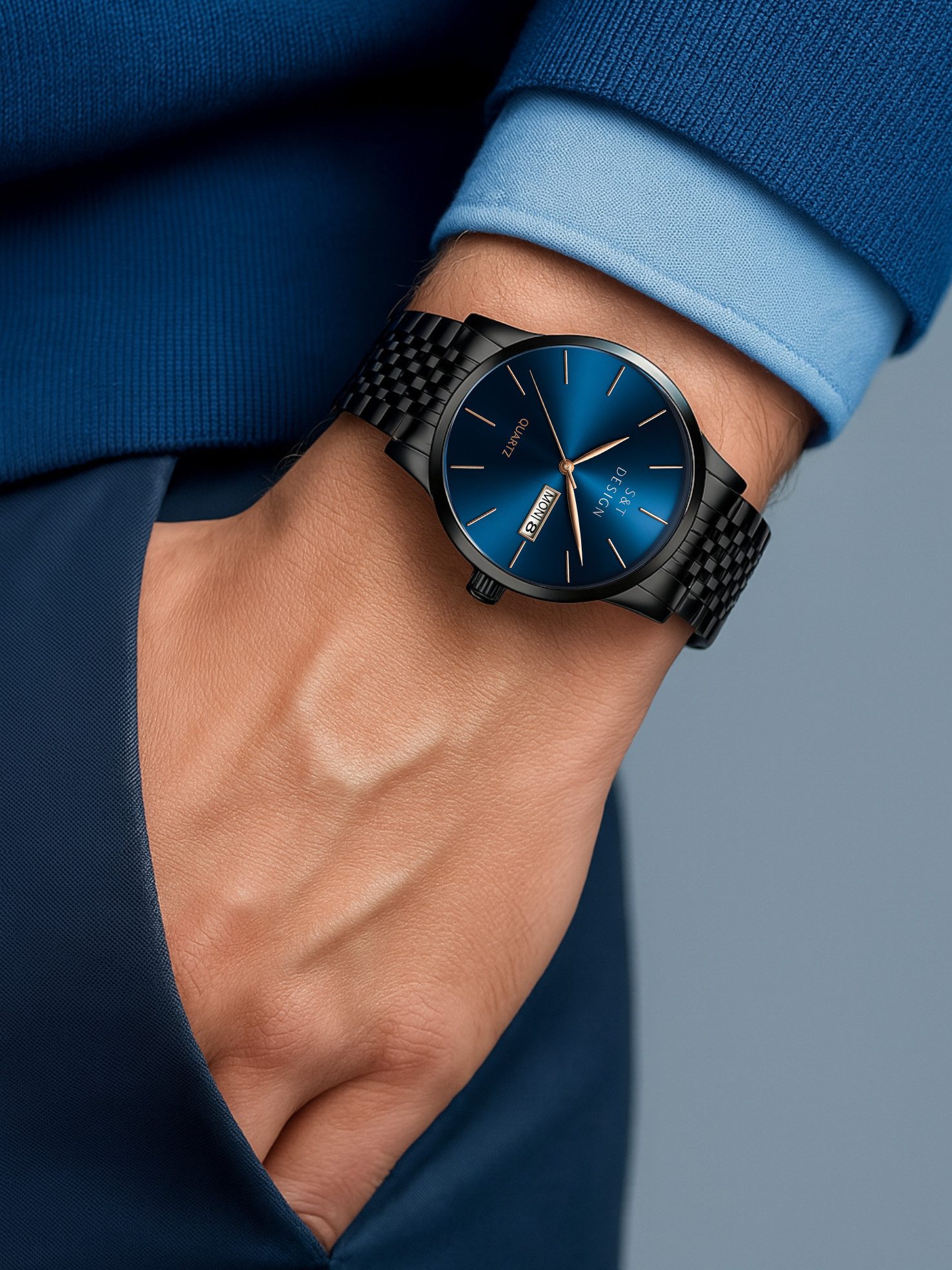 S&T Design Quarzuhr Herren Uhr Edelstahl Armbanduhr Herrenuhr, (Geschenkebox (Etui), inkl. Armbandkürzer & Etui), Männer Uhr Schwarz Datum Wasserdicht 3Bar