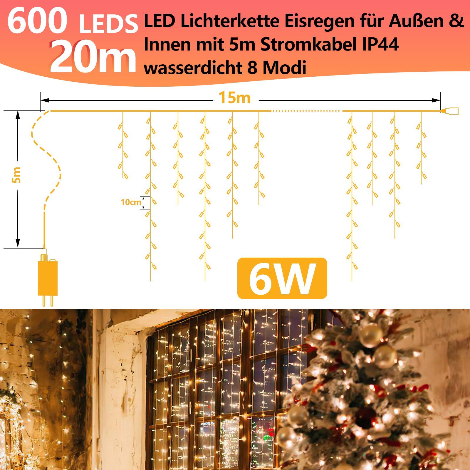 Clanmacy LED-Lichterkette 5-200m LED Eisregen Eiszapfen Lichterkette Deko W günstig online kaufen